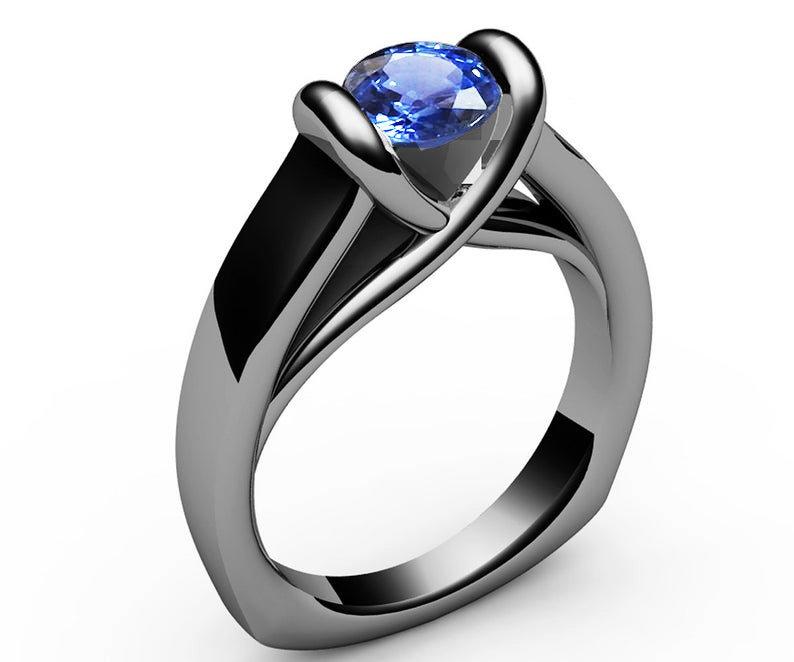 Ice Blue Sapphire Ring Unique Engagement Ring Solitaire Ring Bar setting Tension Heavy Ring 18K White Gold as Gift for Christmas for Her
