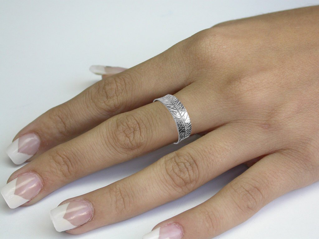 14K Textured 7mm Wide Band, Solid White Gold Band Ring, Milgrain Band Engraved Band, Wedding Band, Gift for Him or Gift for Her - Lianne Jewelry