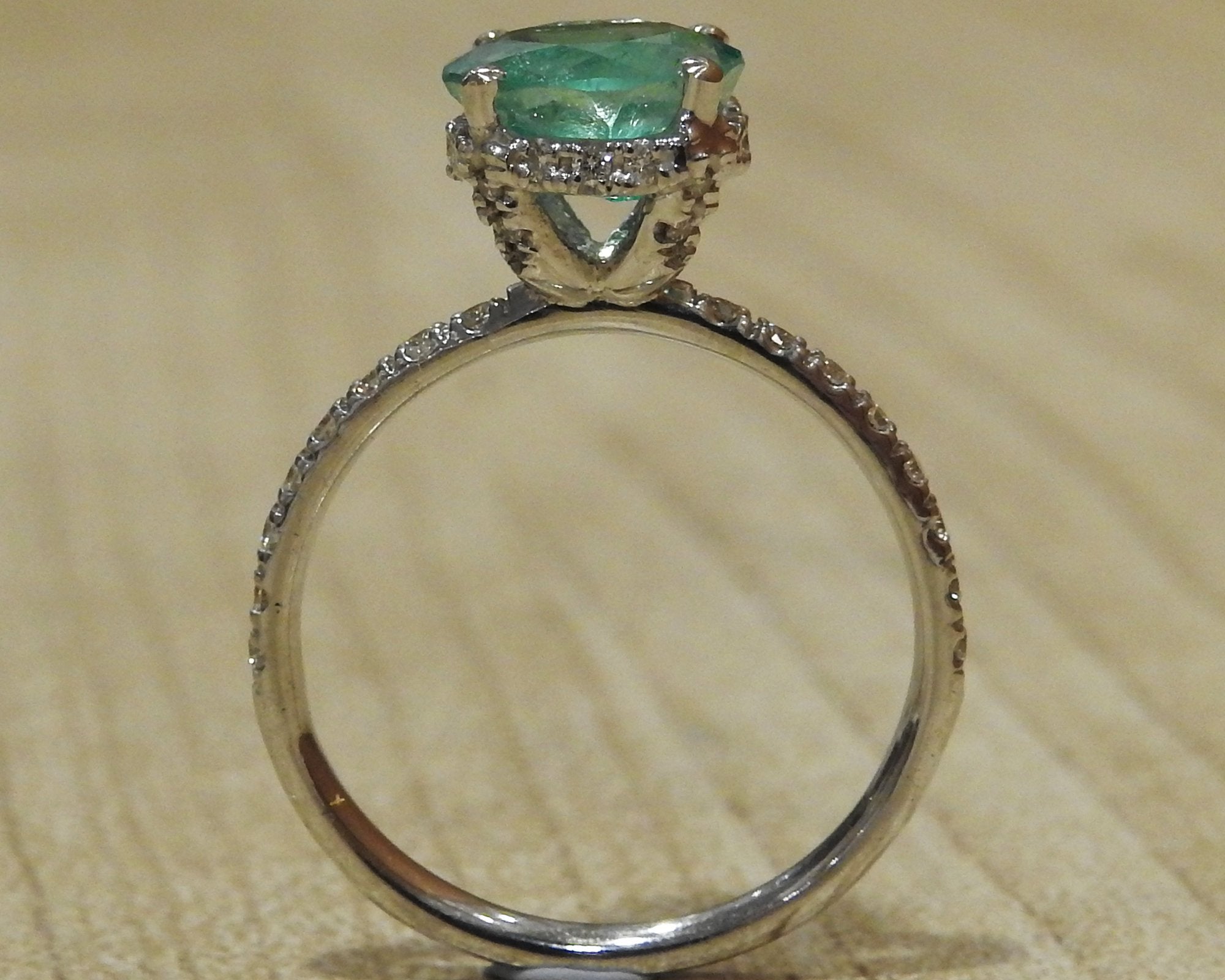Emerald Ring Vintage Solitaire High Set with Diamonds in 14K White gold