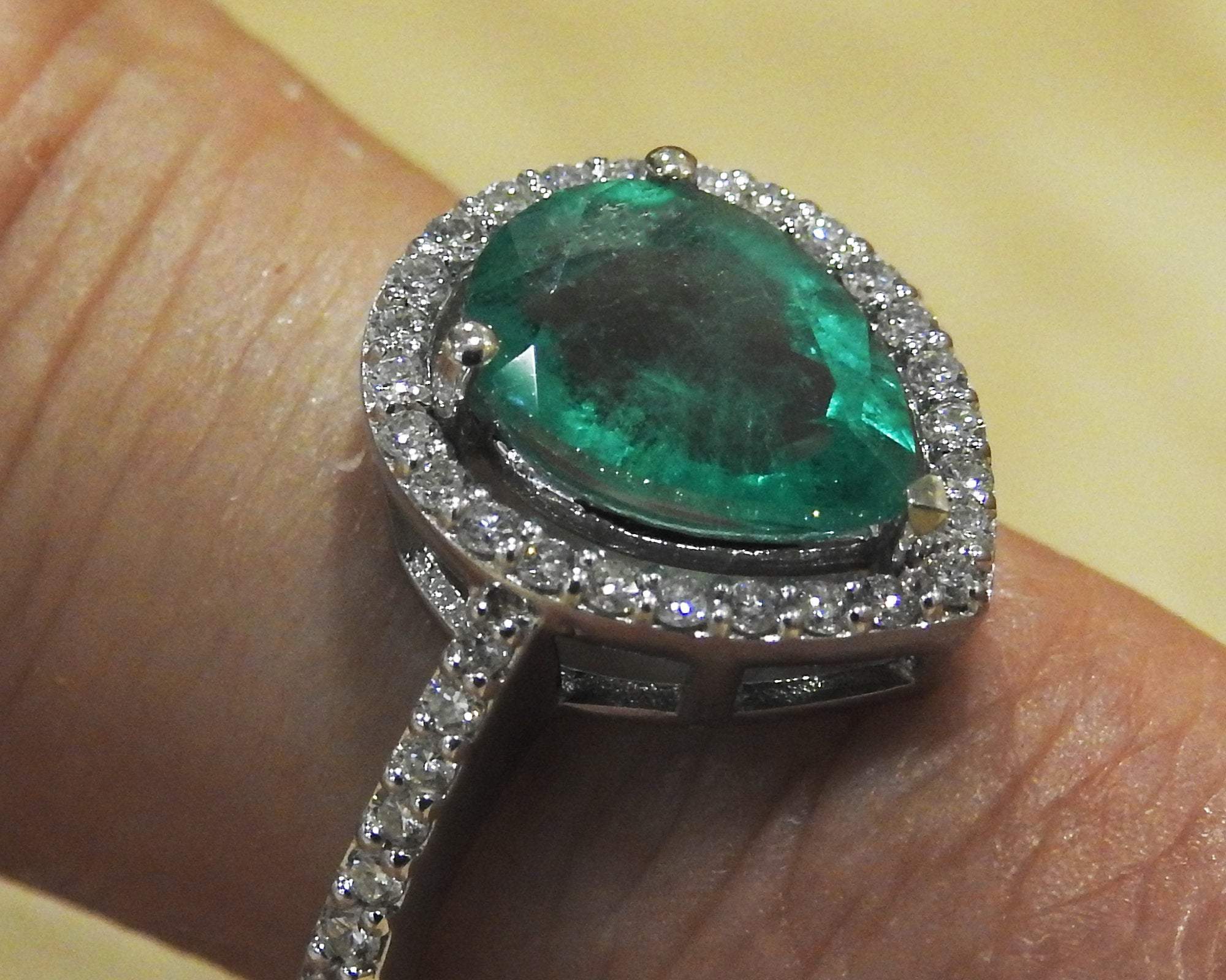 14K Pear Emerald Engagement Ring, Halo Pear Ring, Unique Engagement Ring