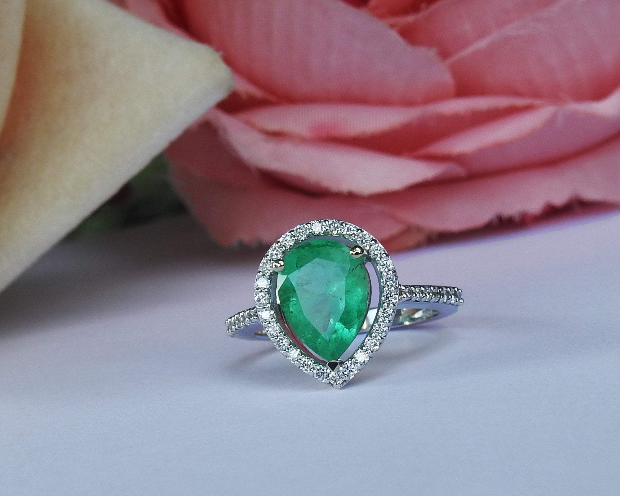 14K Pear Emerald Engagement Ring, Halo Pear Ring, Unique Engagement Ring