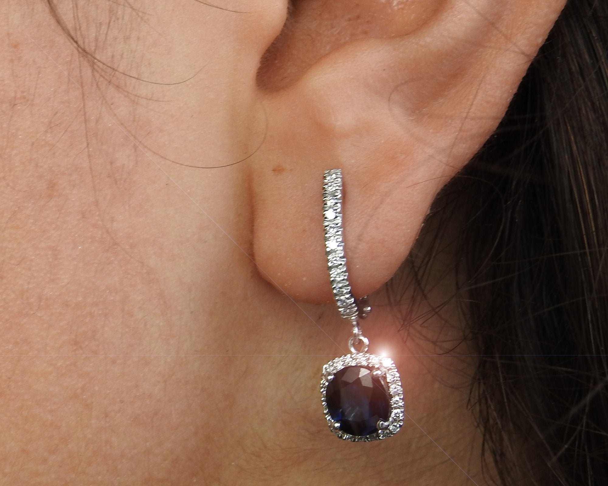 Squarish Dark Blue Sapphire Earrings, Halo Earrings, 14K White gold Leverback Dangle Earrings, Unique Sapphire Earrings