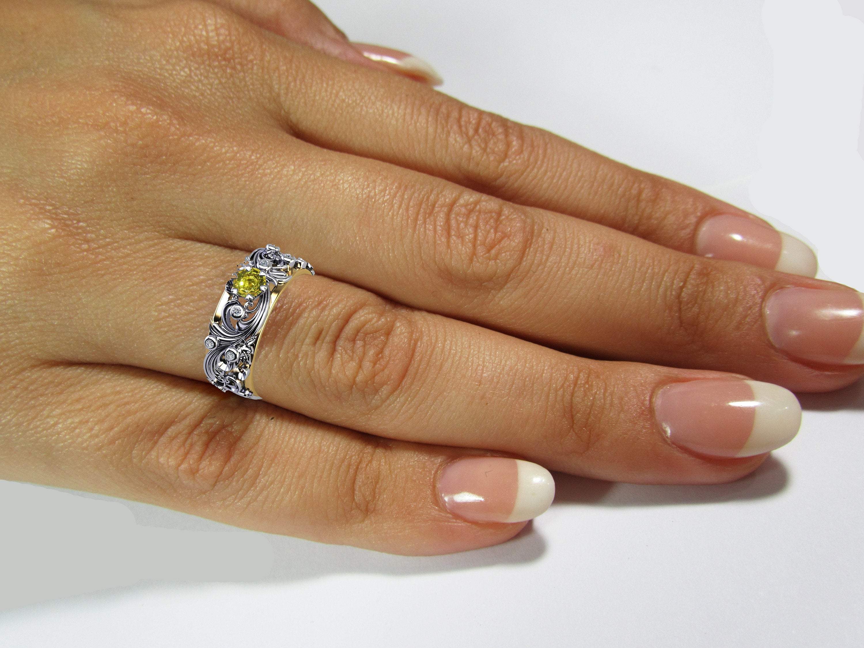 Floral Band Ring Yellow Stone Wedding Band Citrine Silver Edwardian Ring Accent Diamonds Milgrain Band Engraved Ring Flower Band, Leaf Ring