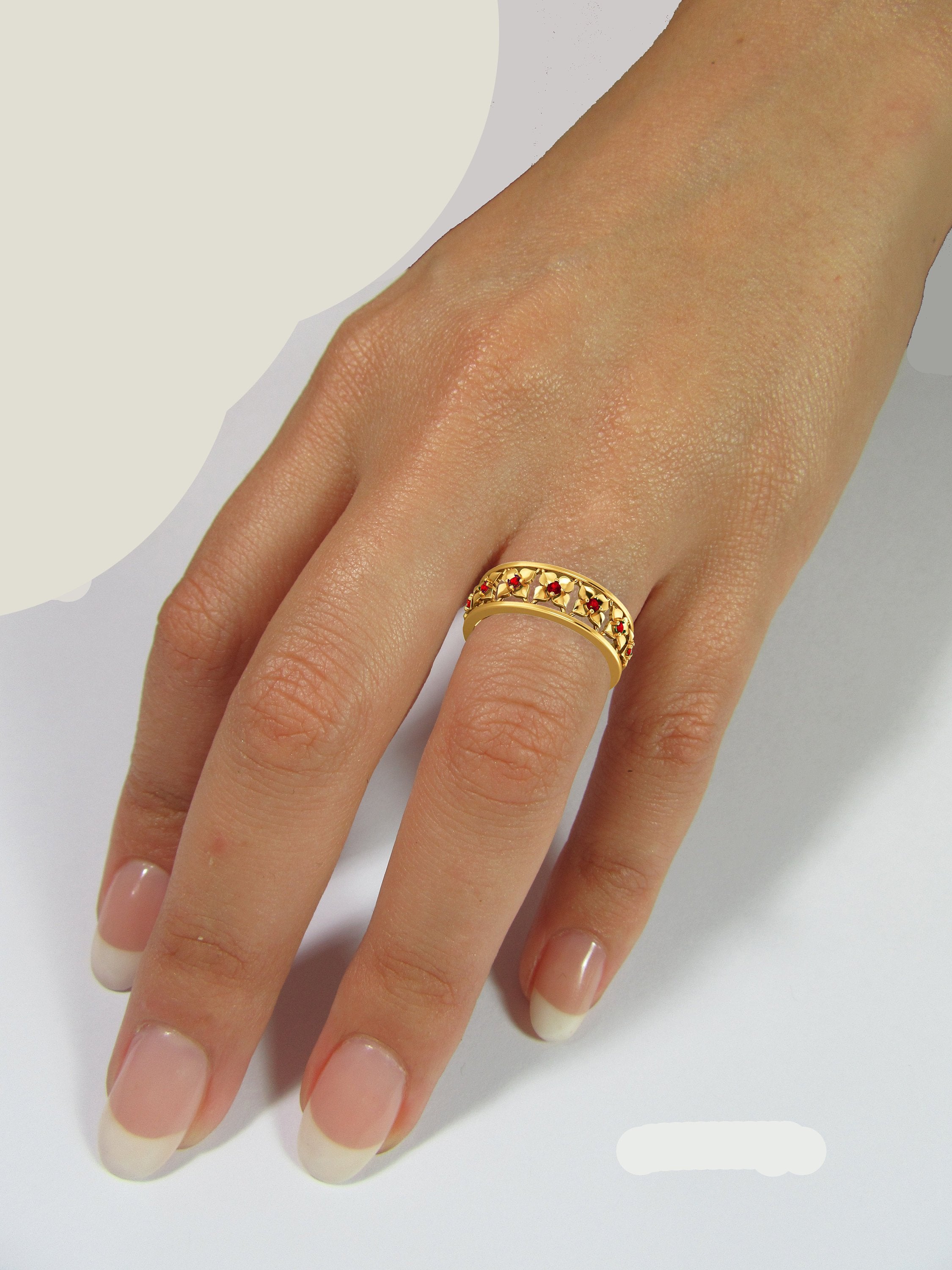 Yellow Gold Red Flower Eternity Wedding band Ring Leaf ring Filigree band Friendship Red Floral Jewelry Width 6.9 mm