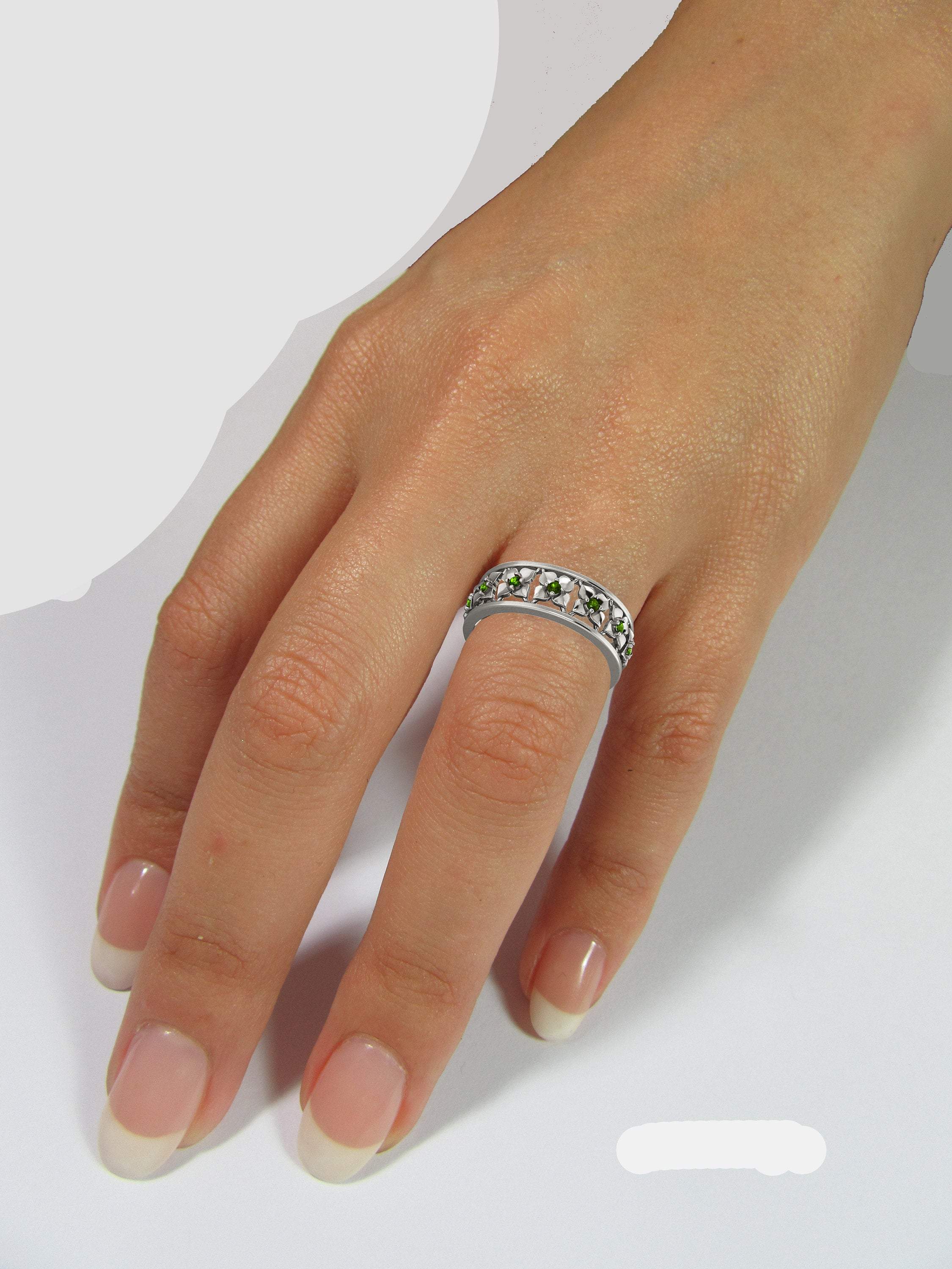 Plumeria Ring White Gold Green Flower Eternity Wedding band Ring Leaf ring Filigree band Friendship Green Floral Jewelry Width 6.9 mm