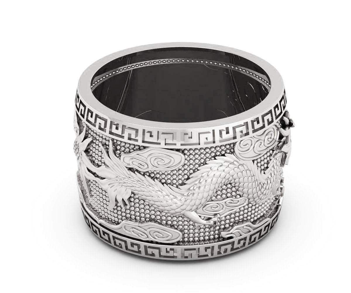 Silver Dragon Band with Emerald Edwardian Anniversary Dragon Ring