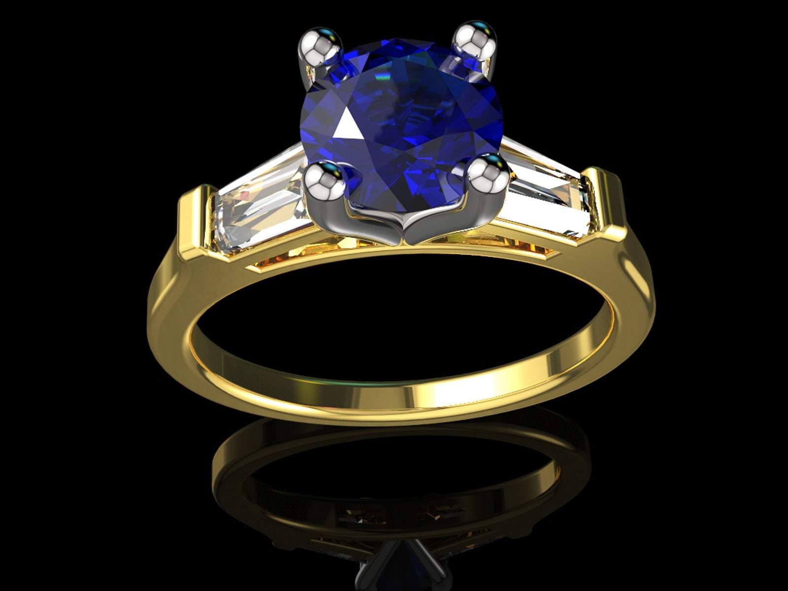 2 Tone 14K Rose gold 3 Stone Ring Lab Sapphire 7mm Round Extra Fine Royal Blue Flanked with Moissanite Tapered Baguettes