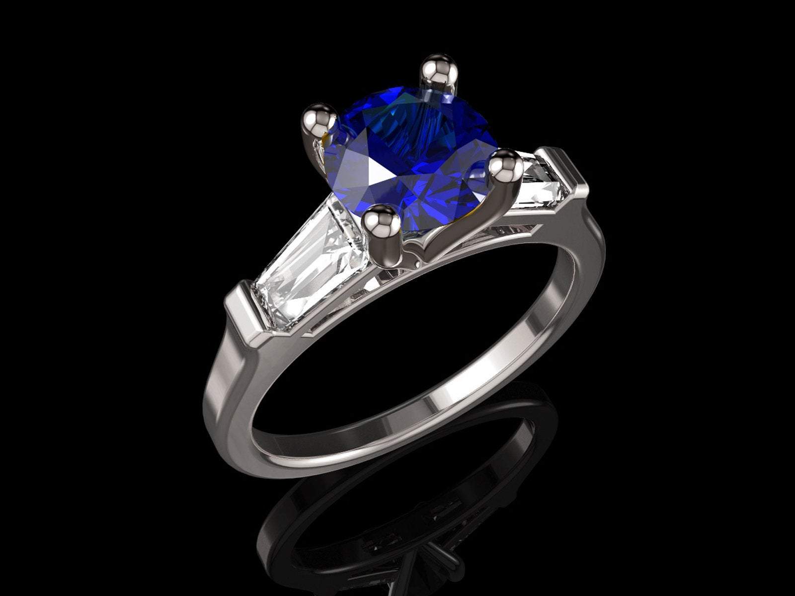 14K Solid White Gold 3 Stone Ring Extra Fine Royal Blue Lab Sapphire Flanked with Moissanite Sparkling Tapered Baguettes