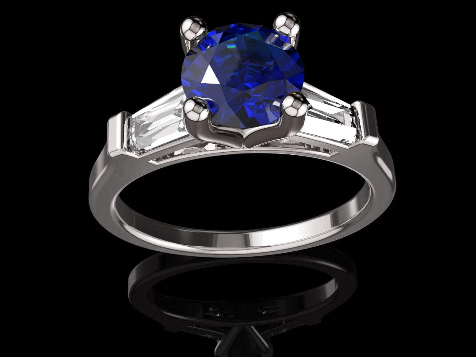 14K Solid White Gold 3 Stone Ring Extra Fine Royal Blue Lab Sapphire Flanked with Moissanite Sparkling Tapered Baguettes