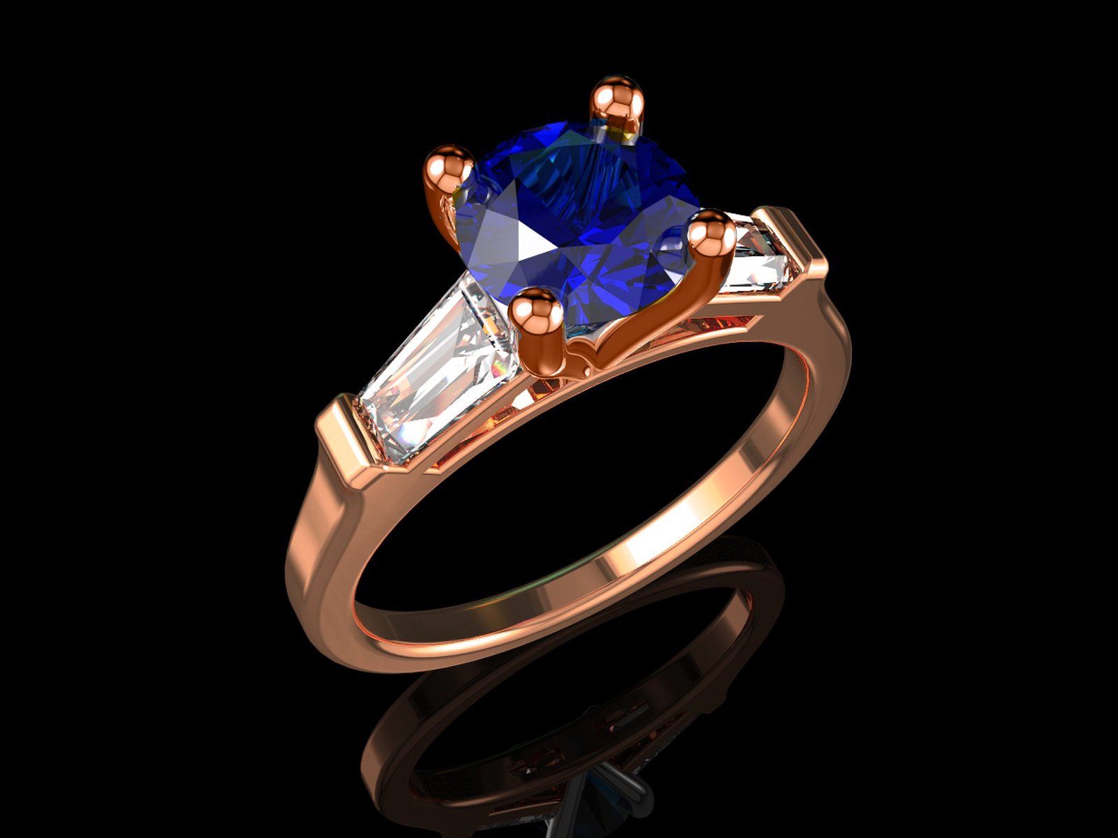 14K Solid Rose Gold 3 Stone Ring Extra Fine Royal Blue Lab Sapphire Flanked with Moissanite Sparkling Tapered Baguettes