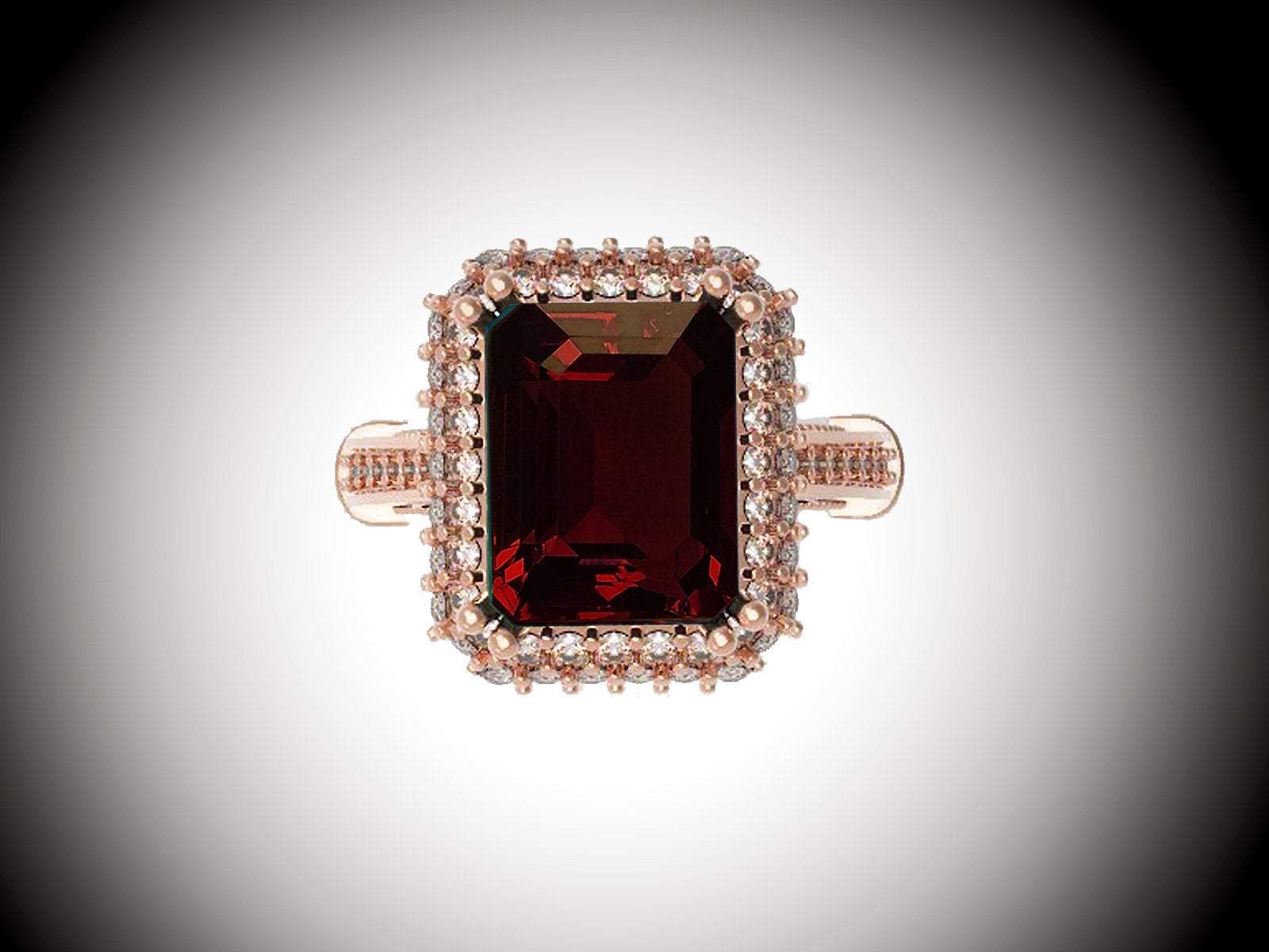18K Rose Gold Red Emerald cut Lab Tourmaline, Unique Engagement Ring surrounded with 76 Diamonds - Lianne Jewelry