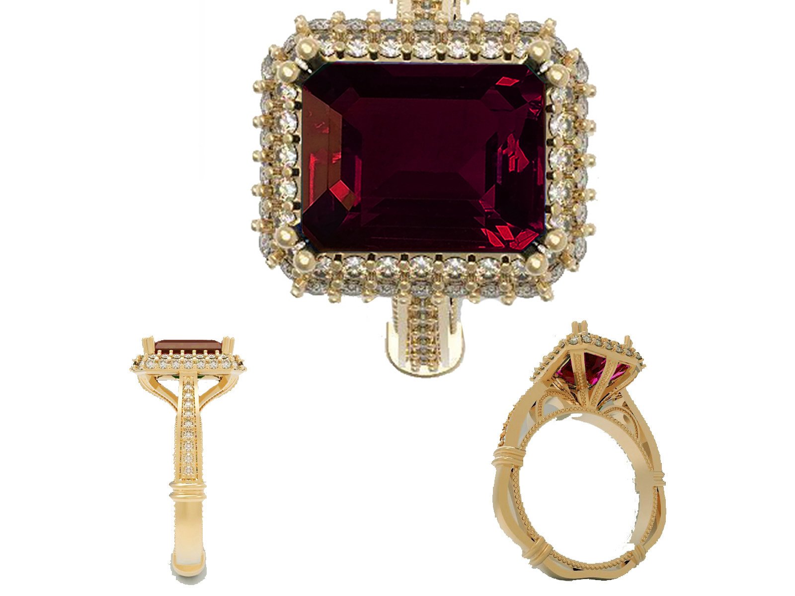 18K Gold Red Emerald cut Lab Tourmaline, Unique Engagement Ring surrounded with 76 Diamonds
