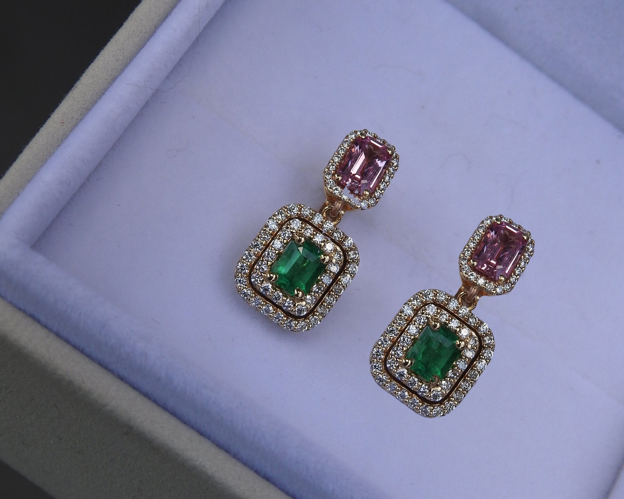 14K Drop Earrings Pink Sapphire Emerald with Diamonds surrounding Dangle Earring