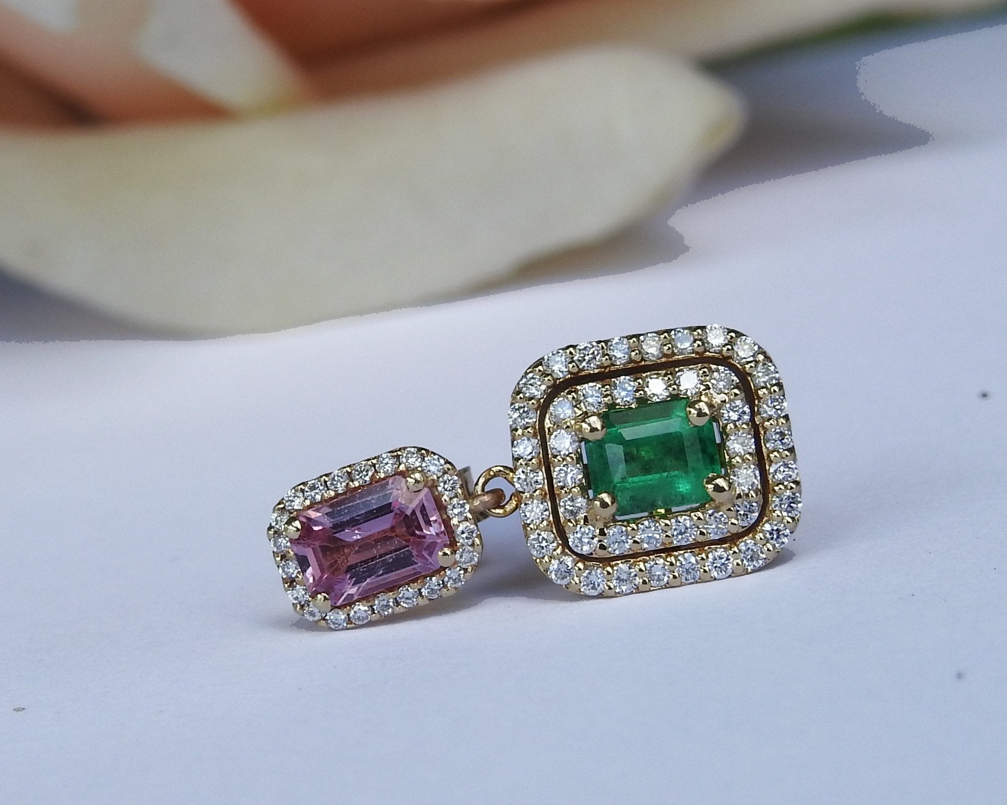 14K Drop Earrings Pink Sapphire Emerald with Diamonds surrounding Dangle Earring