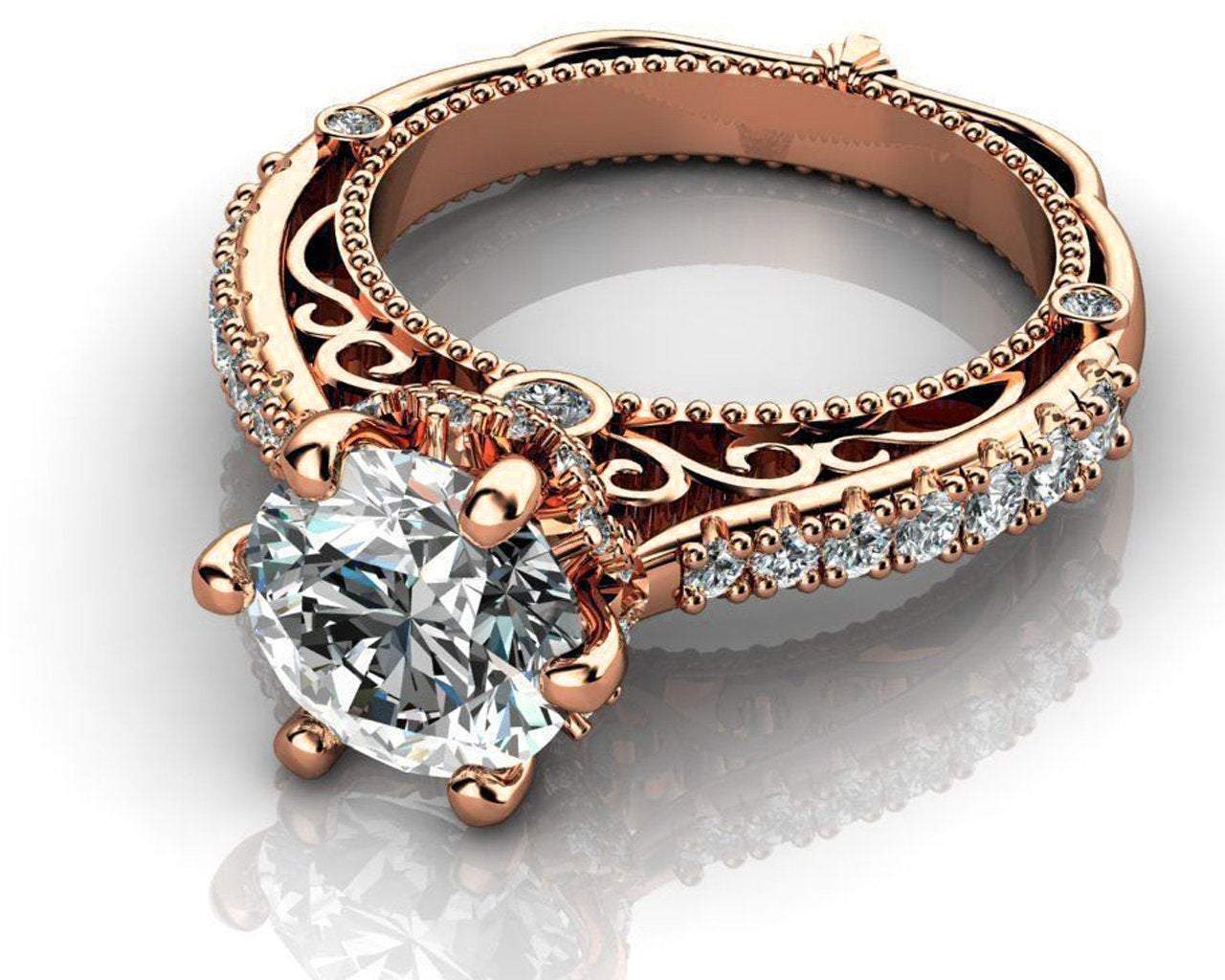 Rose Gold 2.5 ct Filigree Solitaire 6 prongs 18K Celtic Unique Moissanite Engagement Ring - Lianne Jewelry