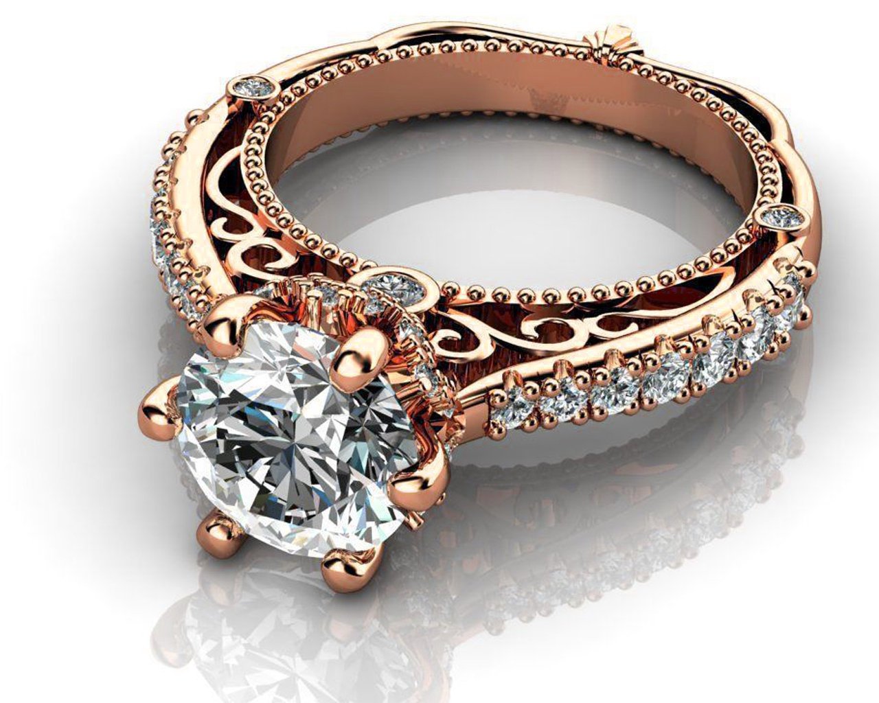 Rose Gold 2.5 ct Filigree Solitaire 6 prongs 18K Victorian Unique Diamond Engagement Ring
