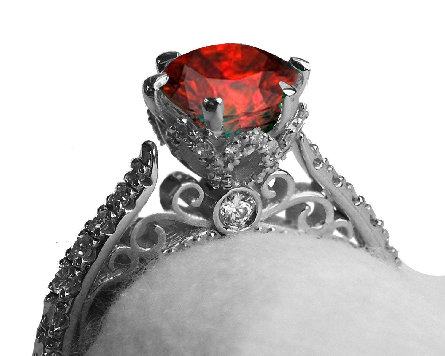 18K White Solid Gold Ruby Edwardian Filigree Flower Unique Diamond Engagement Ring 6 prongs