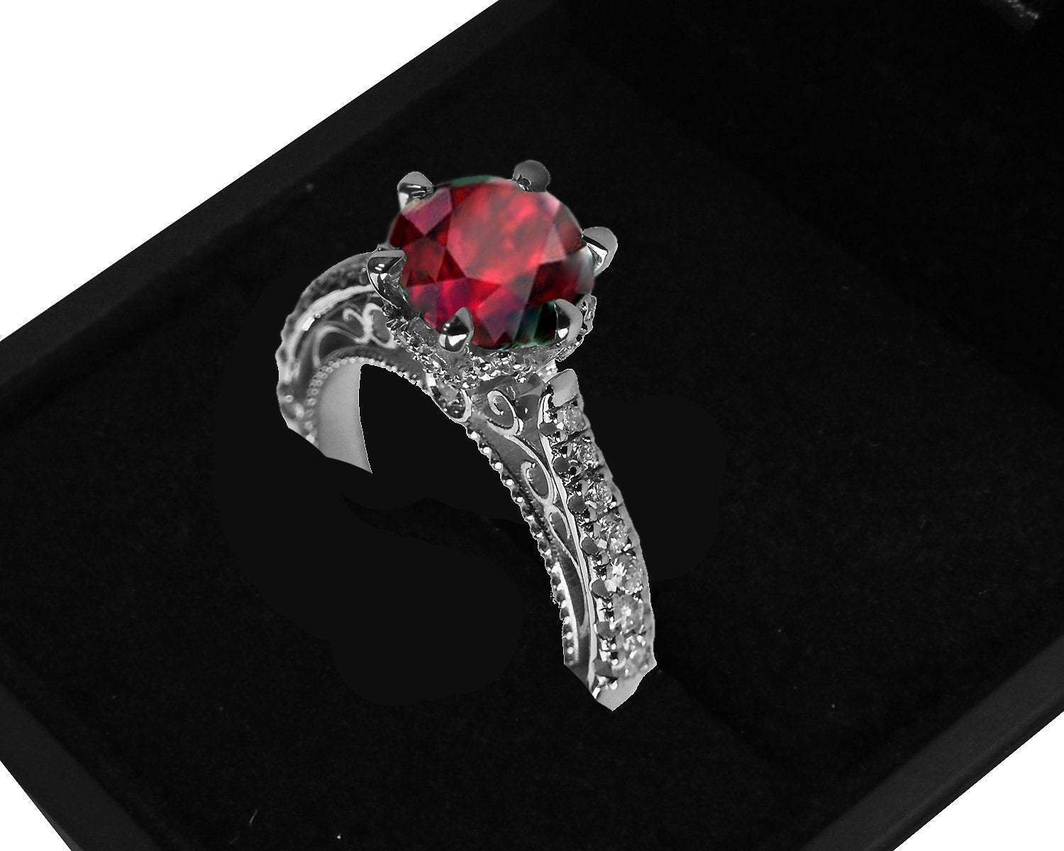 18K White Solid Gold Ruby Edwardian Filigree Flower Unique Diamond Engagement Ring 6 prongs