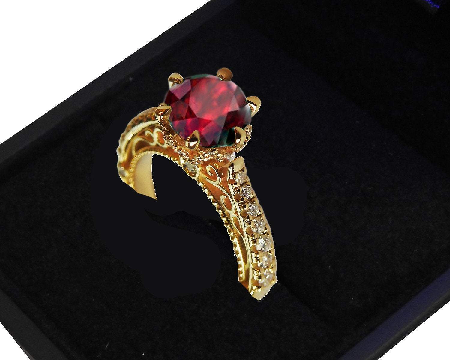 18K Ruby Edwardian Filigree Flower Unique Diamond Engagement Ring 6 prongs