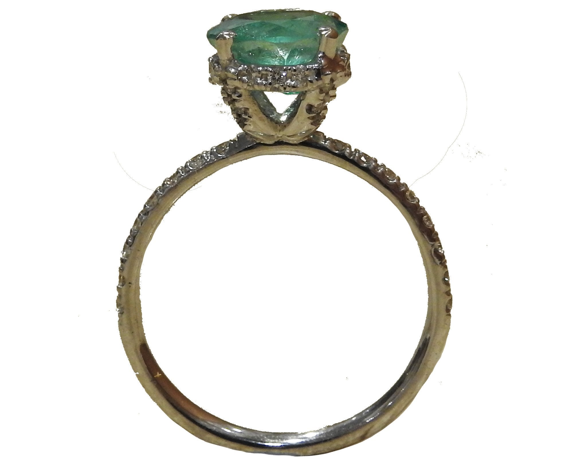 Emerald Ring Vintage Solitaire High Set with Diamonds in 14K White gold - Lianne Jewelry