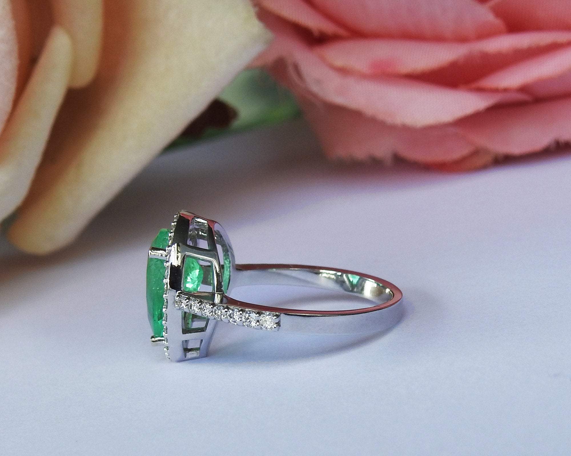 14K Pear Emerald Engagement Ring, Halo Pear Ring, Unique Engagement Ring