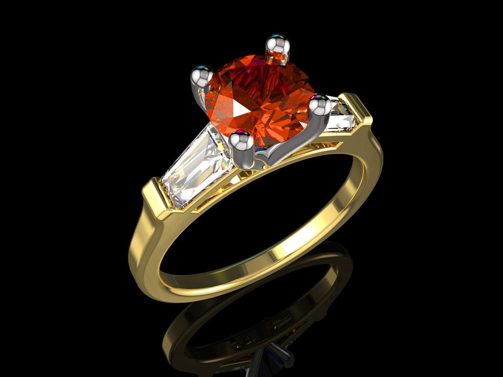 14K Orange Sapphire with Tapered Baguettes Lab Sapphire Engagement Ring, 3 stone ring