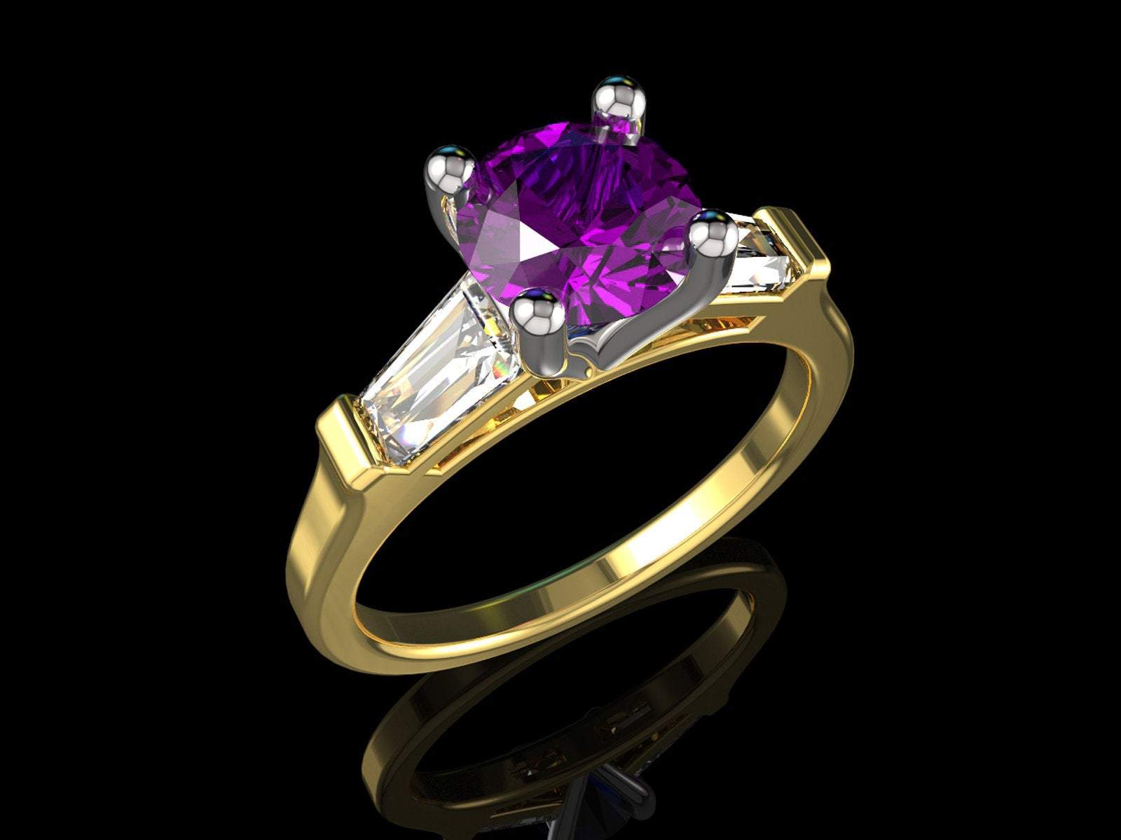 14K Amethyst with Tapered Baguettes Unique Engagement Ring, 3 Stone ring, Purple Ring