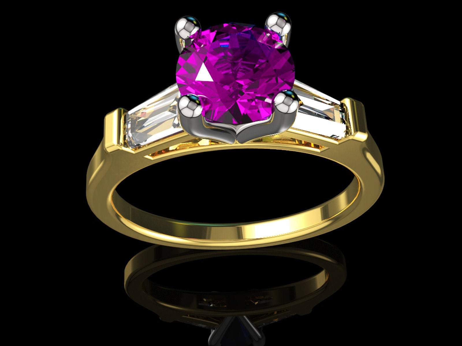 14K Amethyst with Tapered Baguettes Unique Engagement Ring, 3 Stone ring, Purple Ring