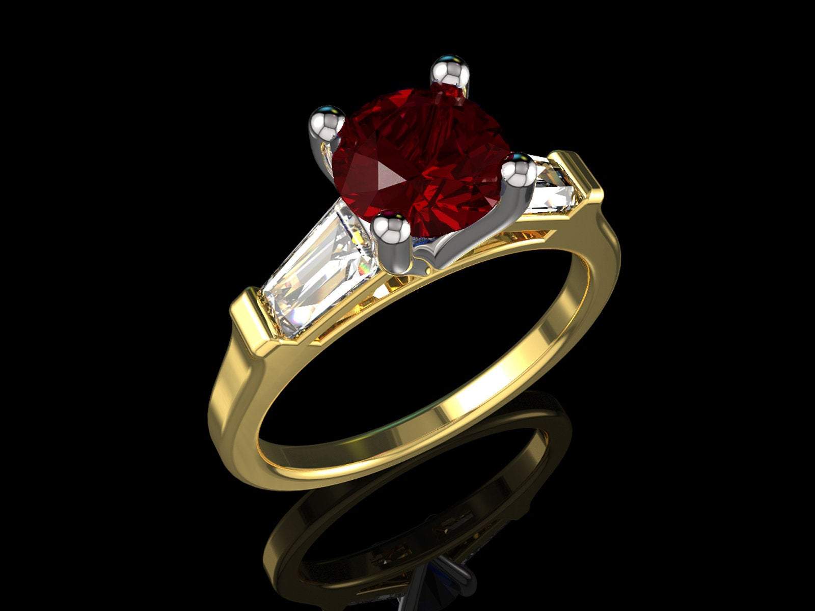 14K Round Ruby with Tapered Baguettes 3 Stone Ring, Unique Engagement Ring, Red Ring, Lab Ruby deep Fine Top Quality Red
