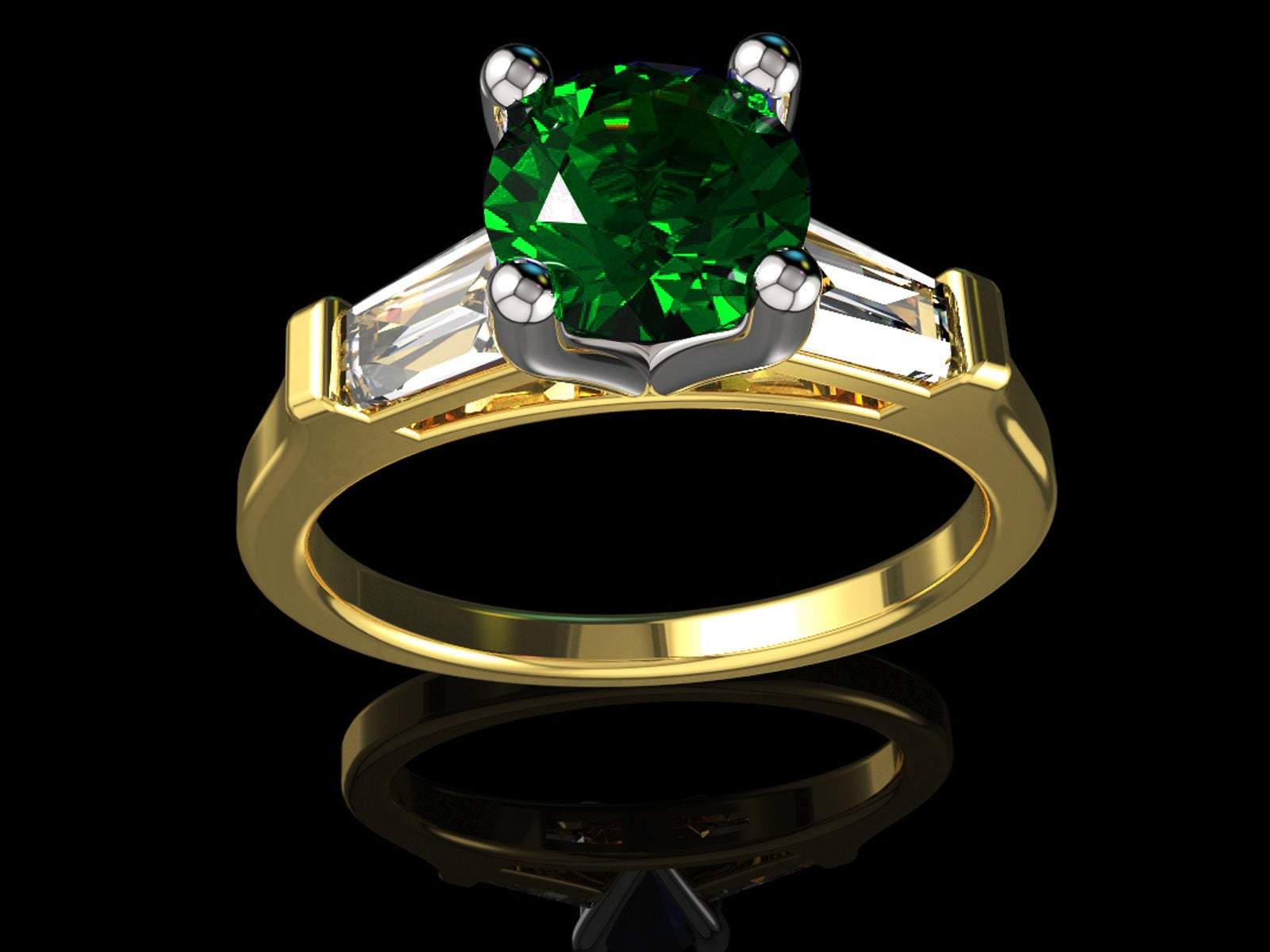 3 Stone Emerald Engagement Ring Tapered Baguettes Moissanite 2 Tone Vintage Lab Emerald Fine deep Green