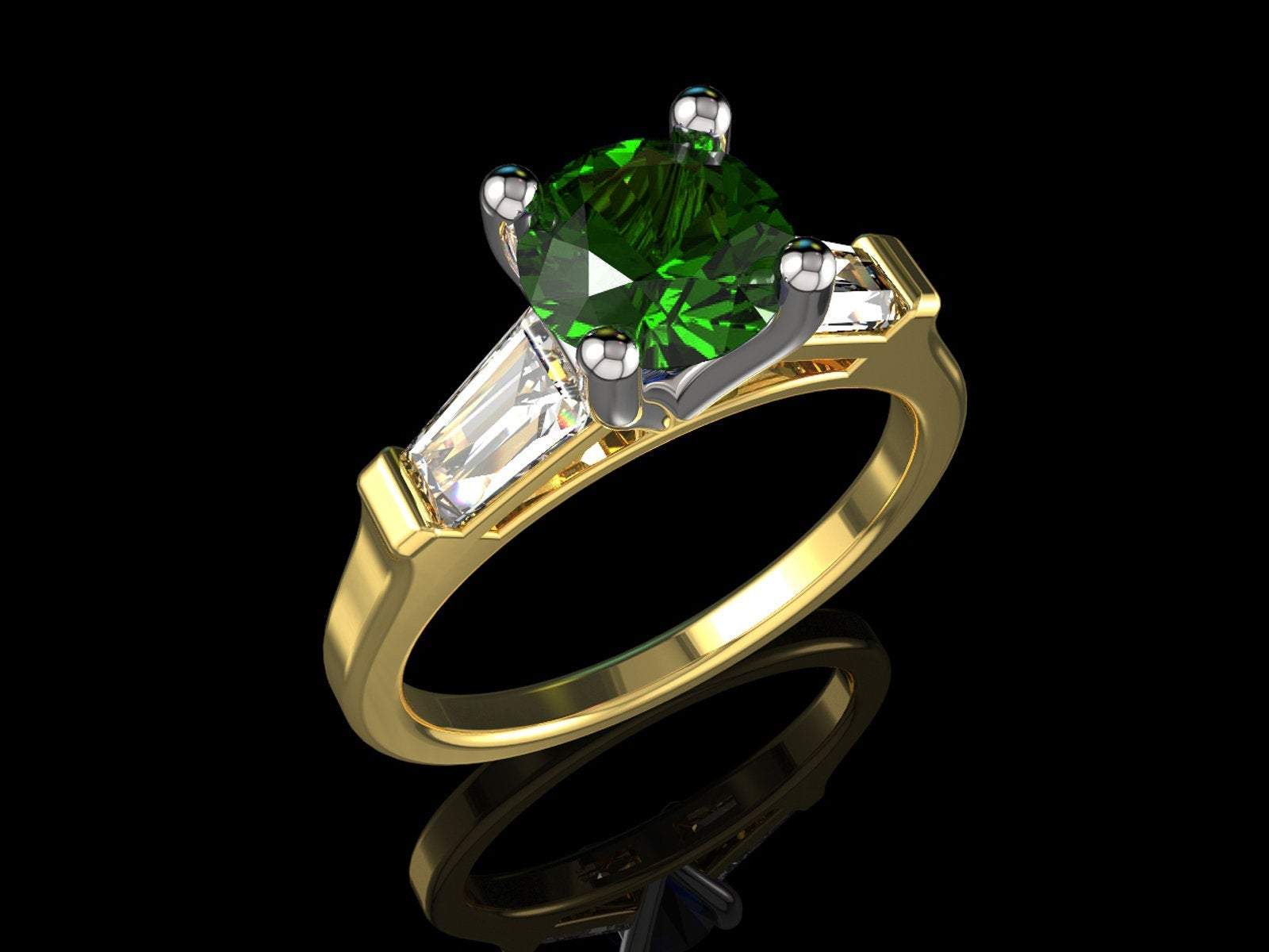 3 Stone Emerald Engagement Ring Tapered Baguettes Moissanite 2 Tone Vintage Lab Emerald Fine deep Green