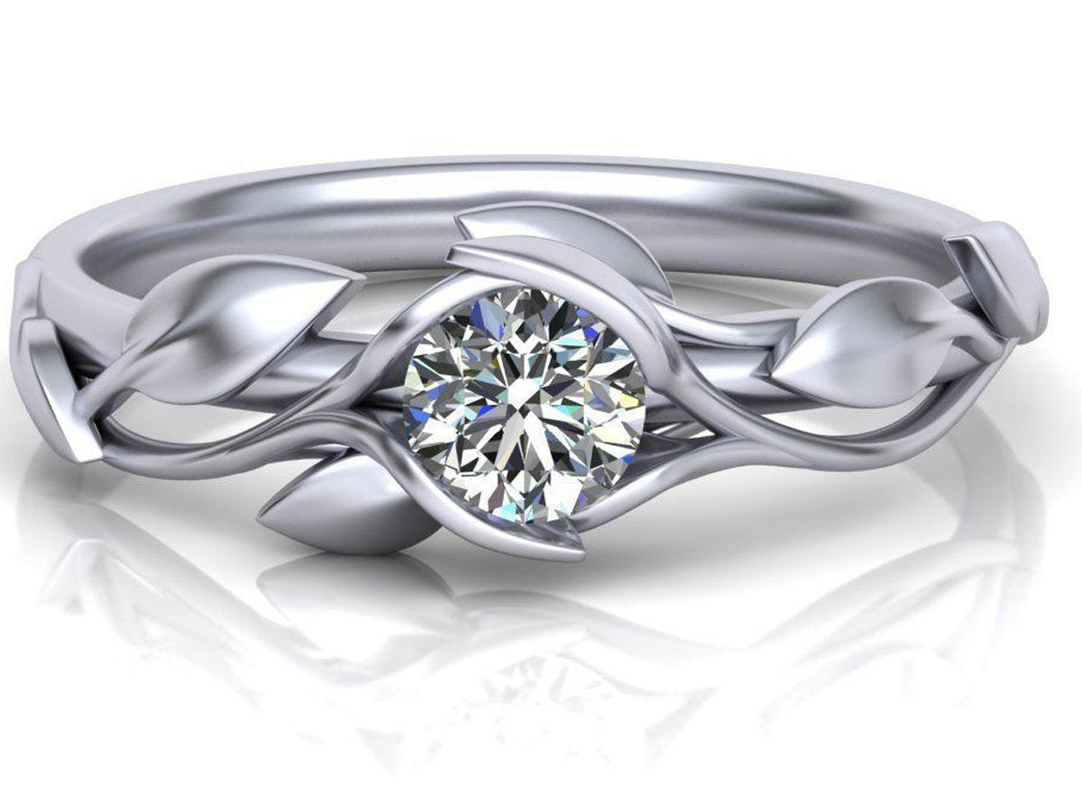 14K Ring Set 2 Tone Gold Leaves Wedding Bridal Set White Gold Engagement Wedding Set Matching Band in Yellow Gold - Lianne Jewelry