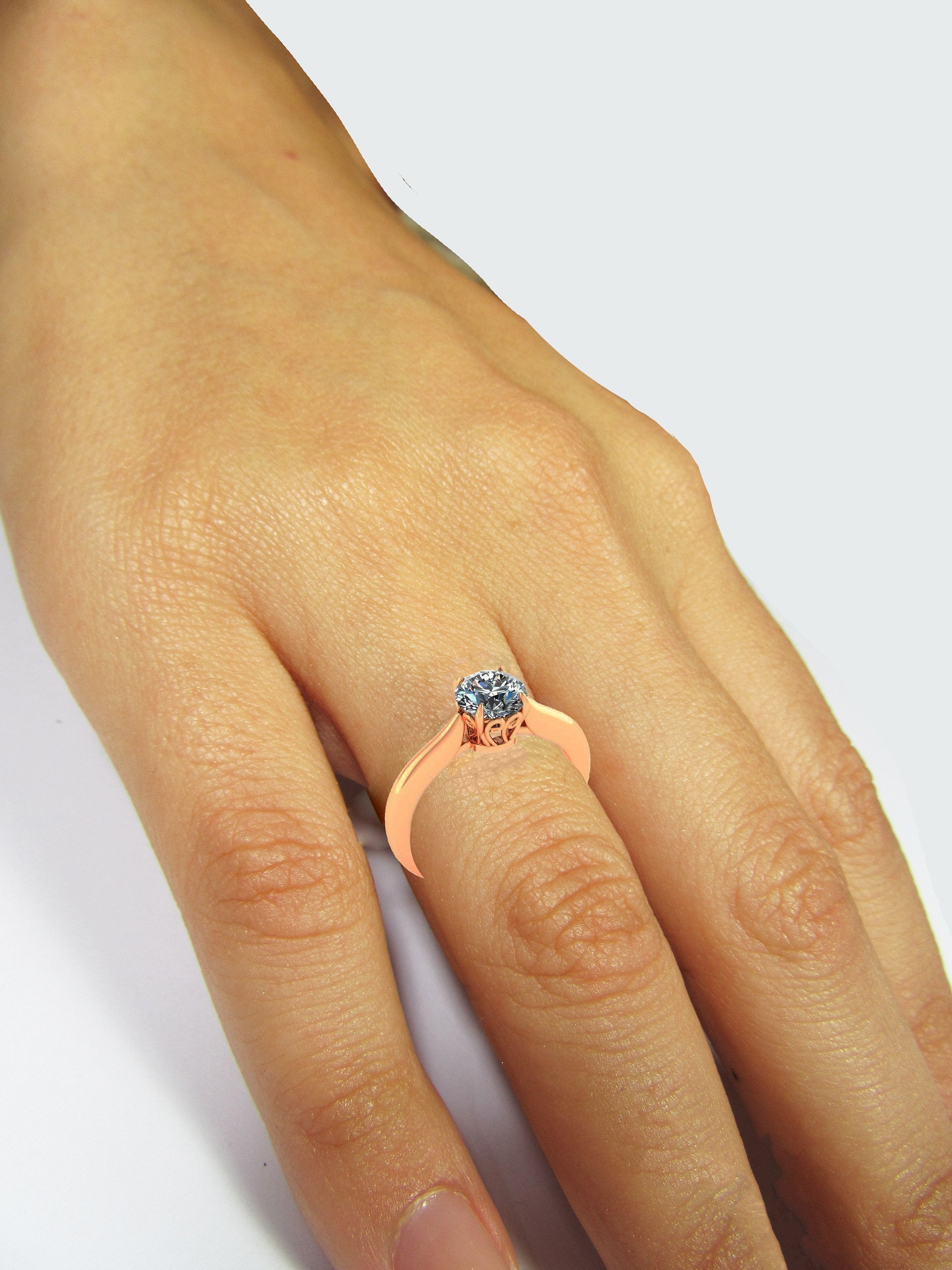 Unique Engagement Ring 1 carat gold Swirl Prongs Trellis Diamond Solitaire Ring 14K Solid Rose Gold