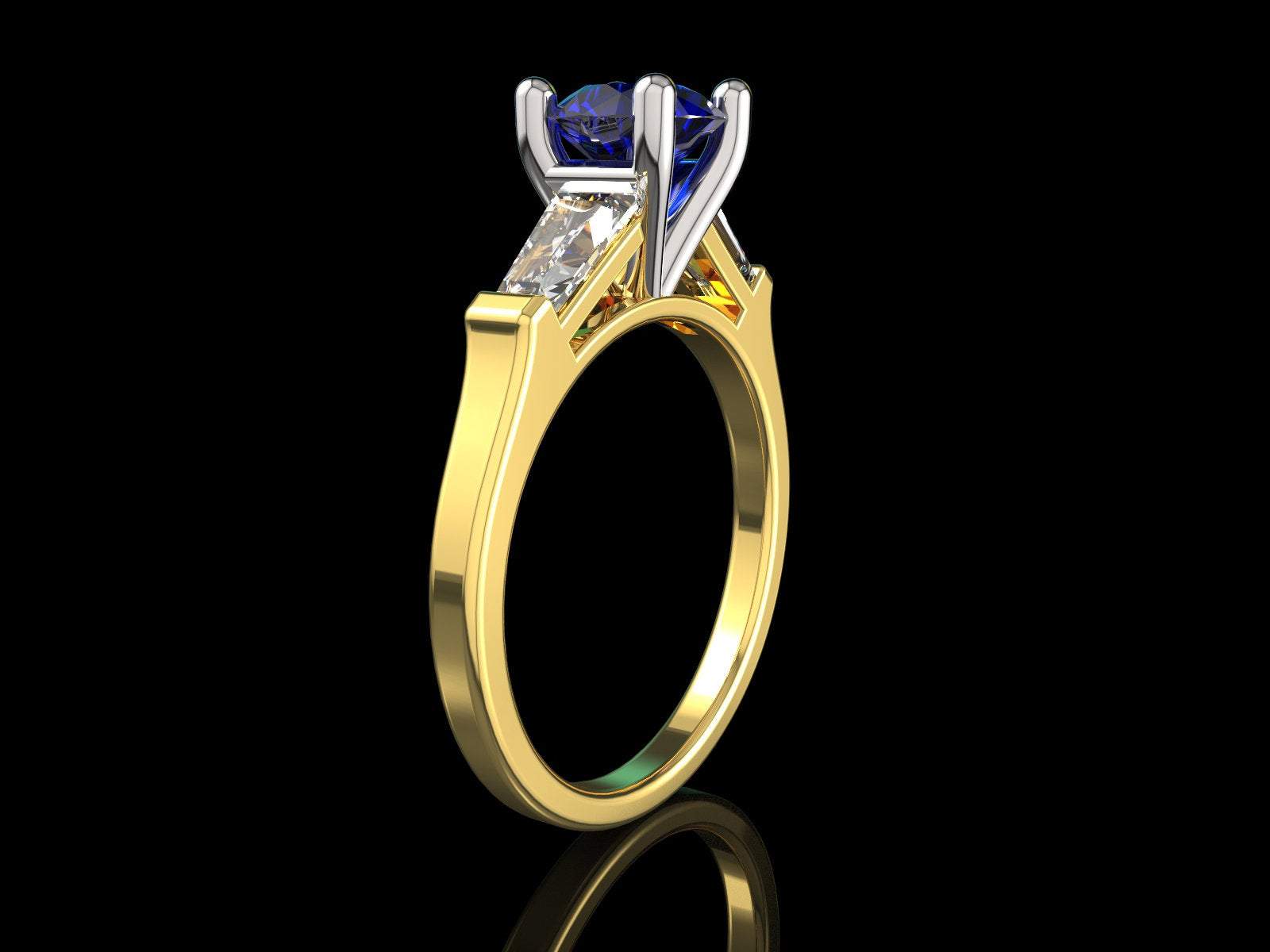 14K Sapphire 3 Stone Engagement Ring Tapered Baguettes Moissanite 2 Tone Vintage Lab Sapphire 7mm Round Extra Fine Royal Blue