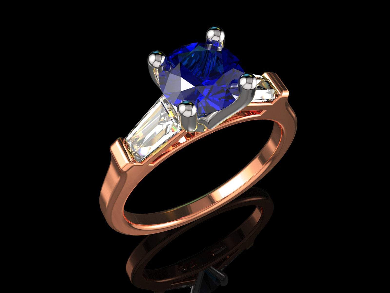 2 Tone 14K Rose gold 3 Stone Ring Lab Sapphire 7mm Round Extra Fine Royal Blue Flanked with Moissanite Tapered Baguettes