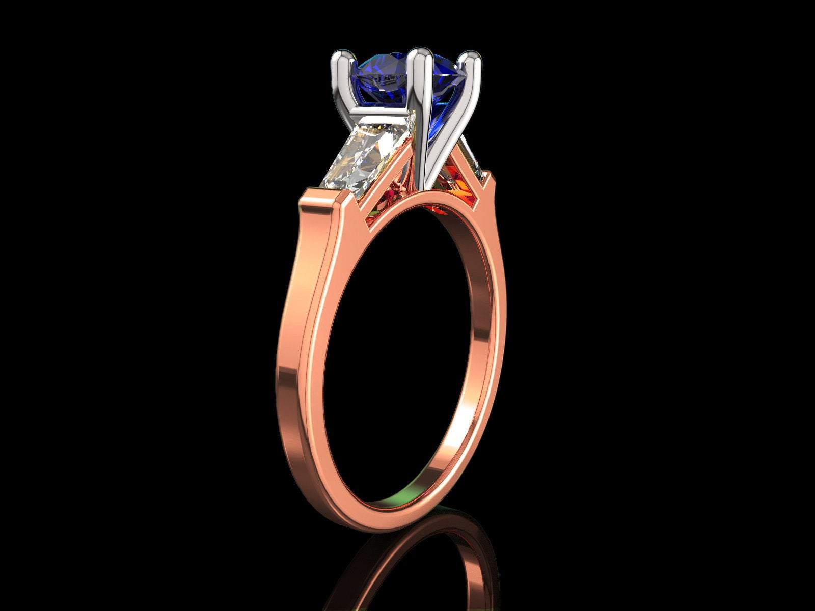 2 Tone 14K Rose gold 3 Stone Ring Lab Sapphire 7mm Round Extra Fine Royal Blue Flanked with Moissanite Tapered Baguettes
