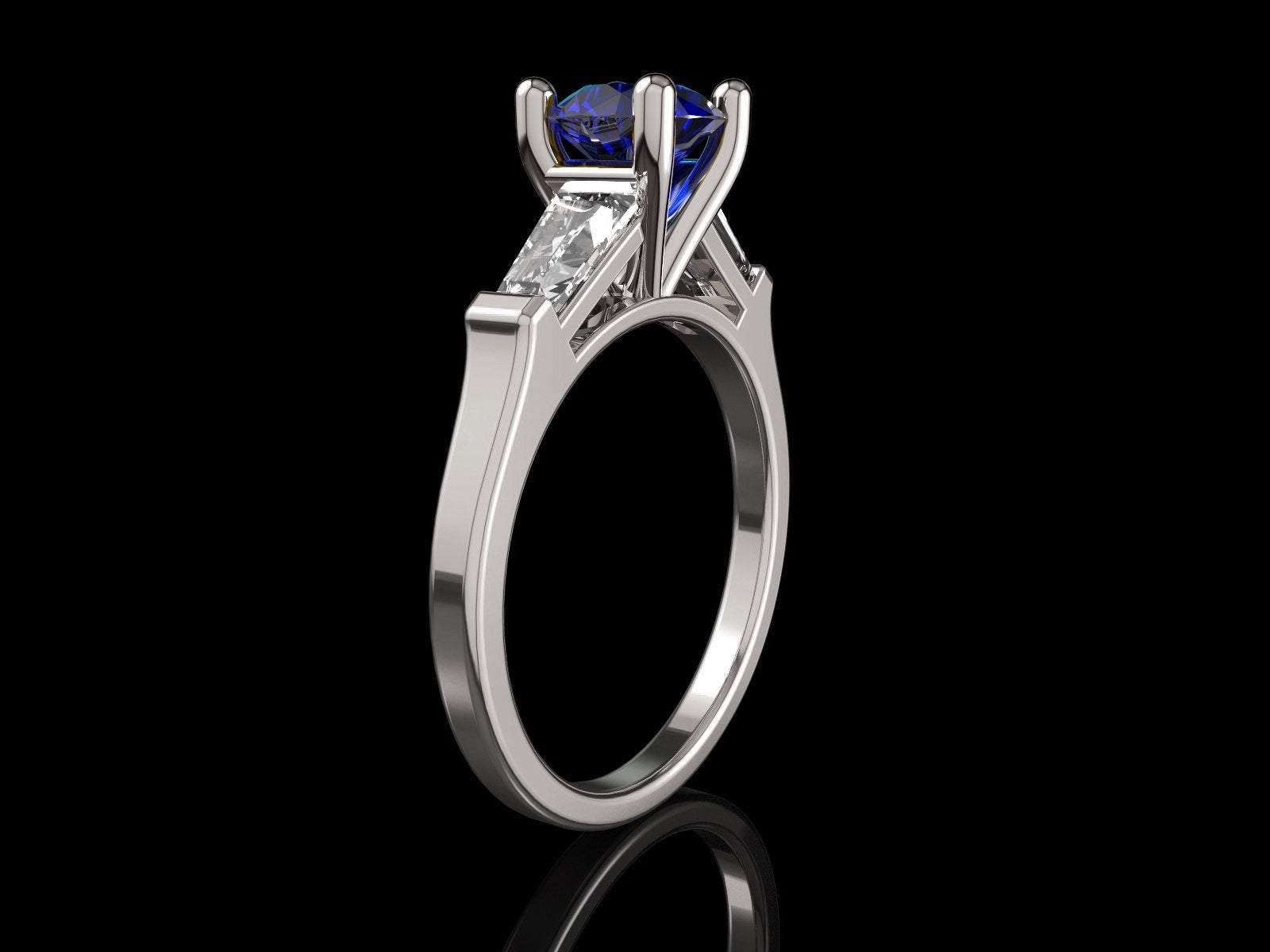 14K Solid White Gold 3 Stone Ring Extra Fine Royal Blue Lab Sapphire Flanked with Moissanite Sparkling Tapered Baguettes