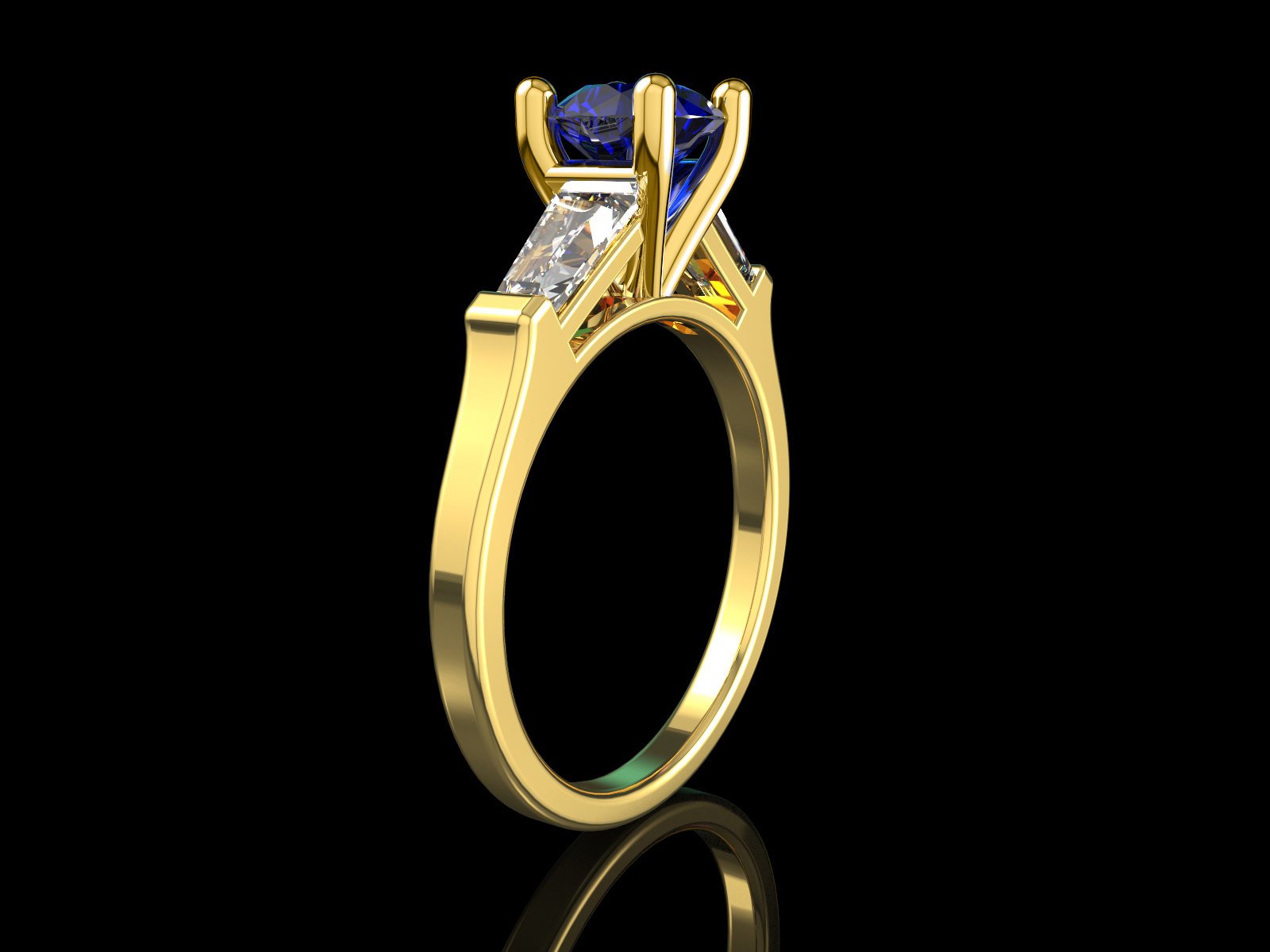 Solid Gold Sapphire Ring 3 Stone Ring Lab Sapphire in Center of 2 Moissanite Sparkling Tapered Baguettes