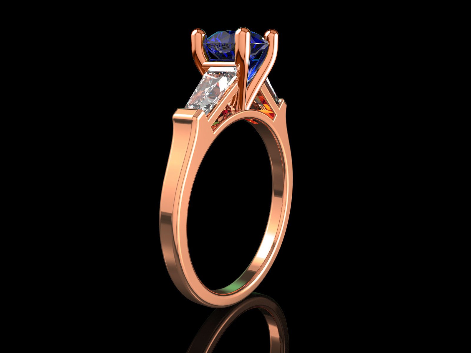 14K Solid Rose Gold 3 Stone Ring Extra Fine Royal Blue Lab Sapphire Flanked with Moissanite Sparkling Tapered Baguettes