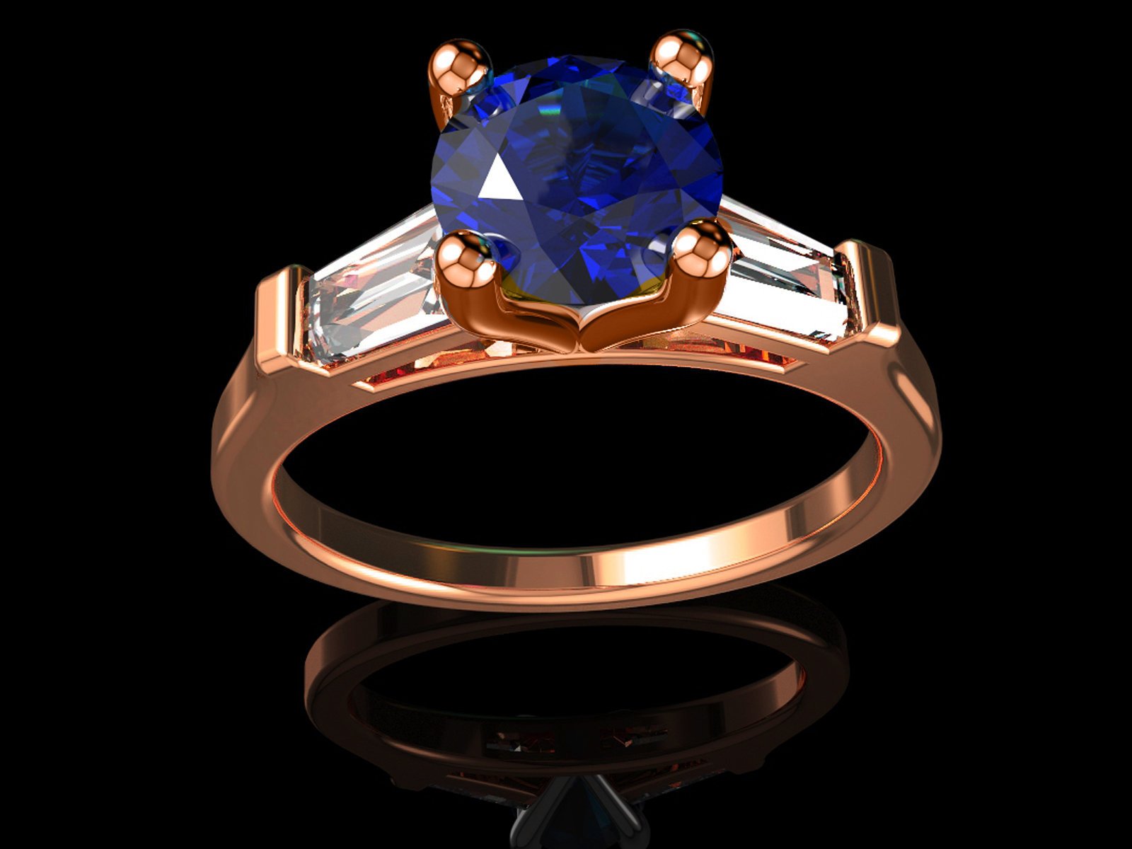 14K Solid Rose Gold 3 Stone Ring Extra Fine Royal Blue Lab Sapphire Flanked with Moissanite Sparkling Tapered Baguettes