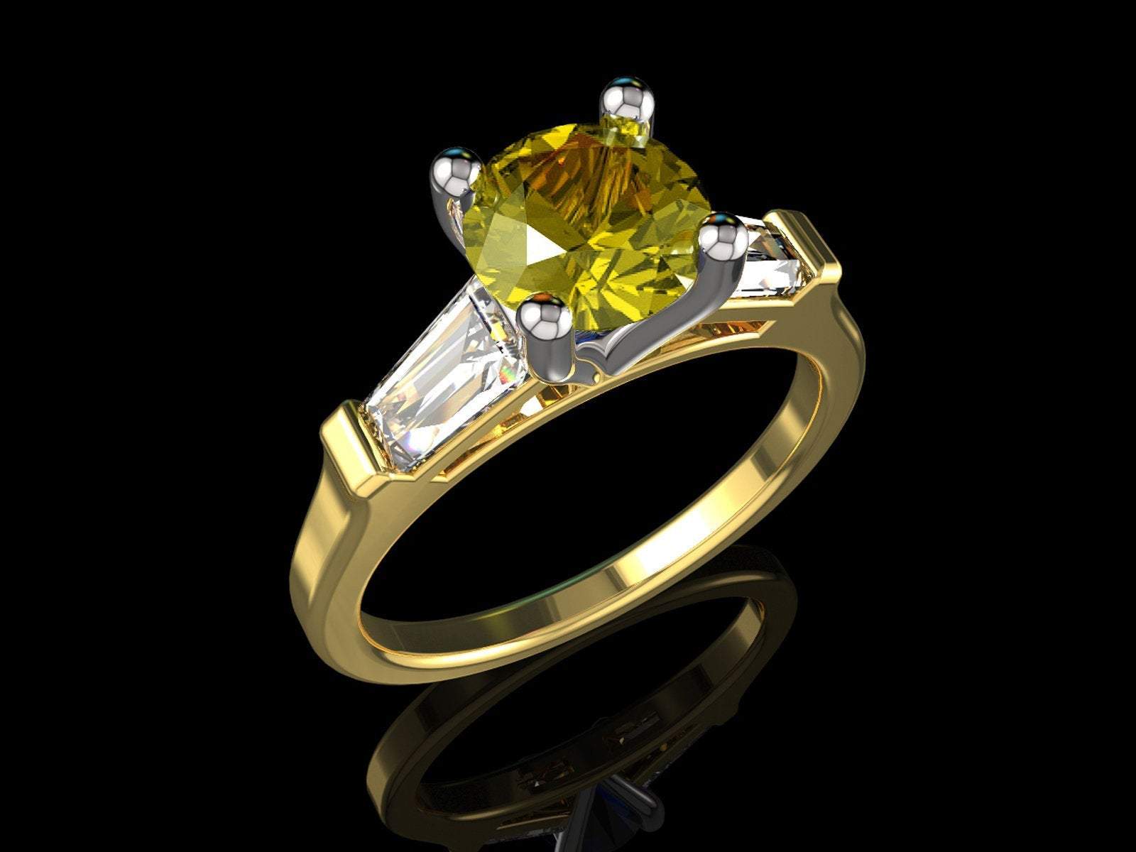 3 Stone Yellow Stone Ring Tapered Baguettes 14K Yellow Gold Yellow Lab Sapphire Engagement Ring