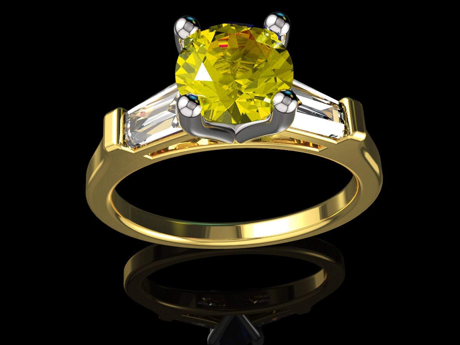 3 Stone Yellow Stone Ring Tapered Baguettes 14K Yellow Gold Yellow Lab Sapphire Engagement Ring