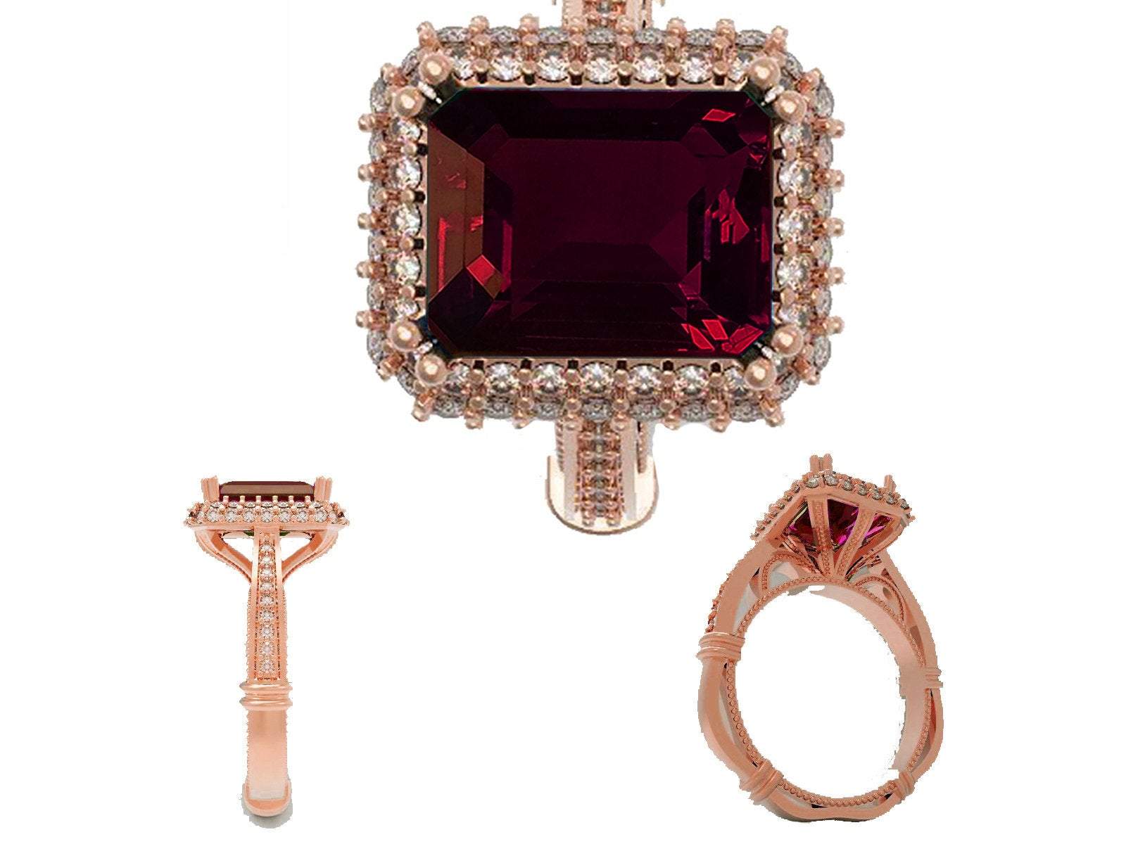18K Rose Gold Red Emerald cut Lab Tourmaline, Unique Engagement Ring surrounded with 76 Diamonds