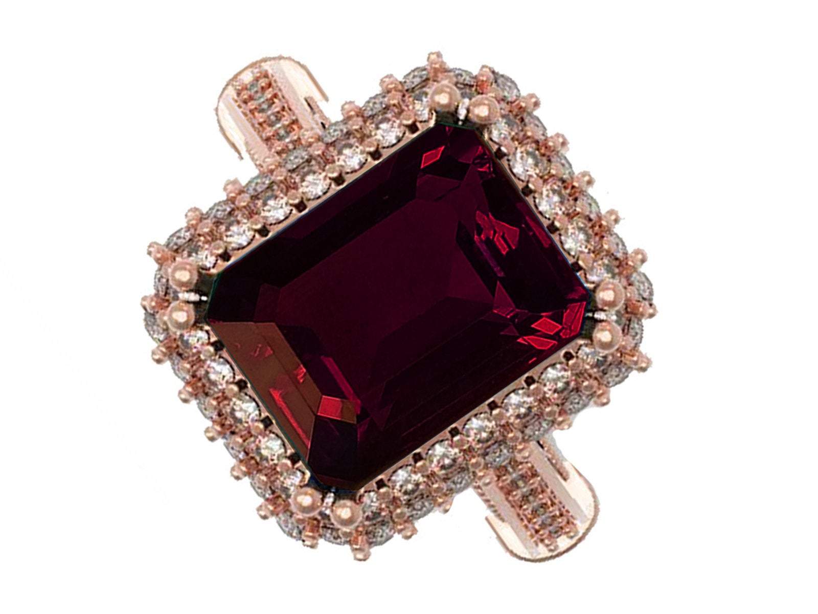 18K Rose Gold Red Emerald cut Lab Tourmaline, Unique Engagement Ring surrounded with 76 Diamonds