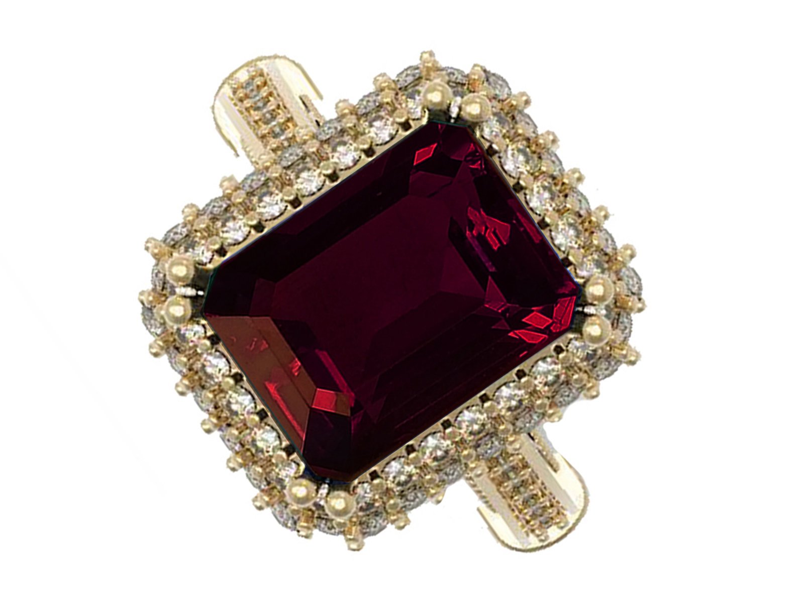 18K Gold Red Emerald cut Lab Tourmaline, Unique Engagement Ring surrounded with 76 Diamonds