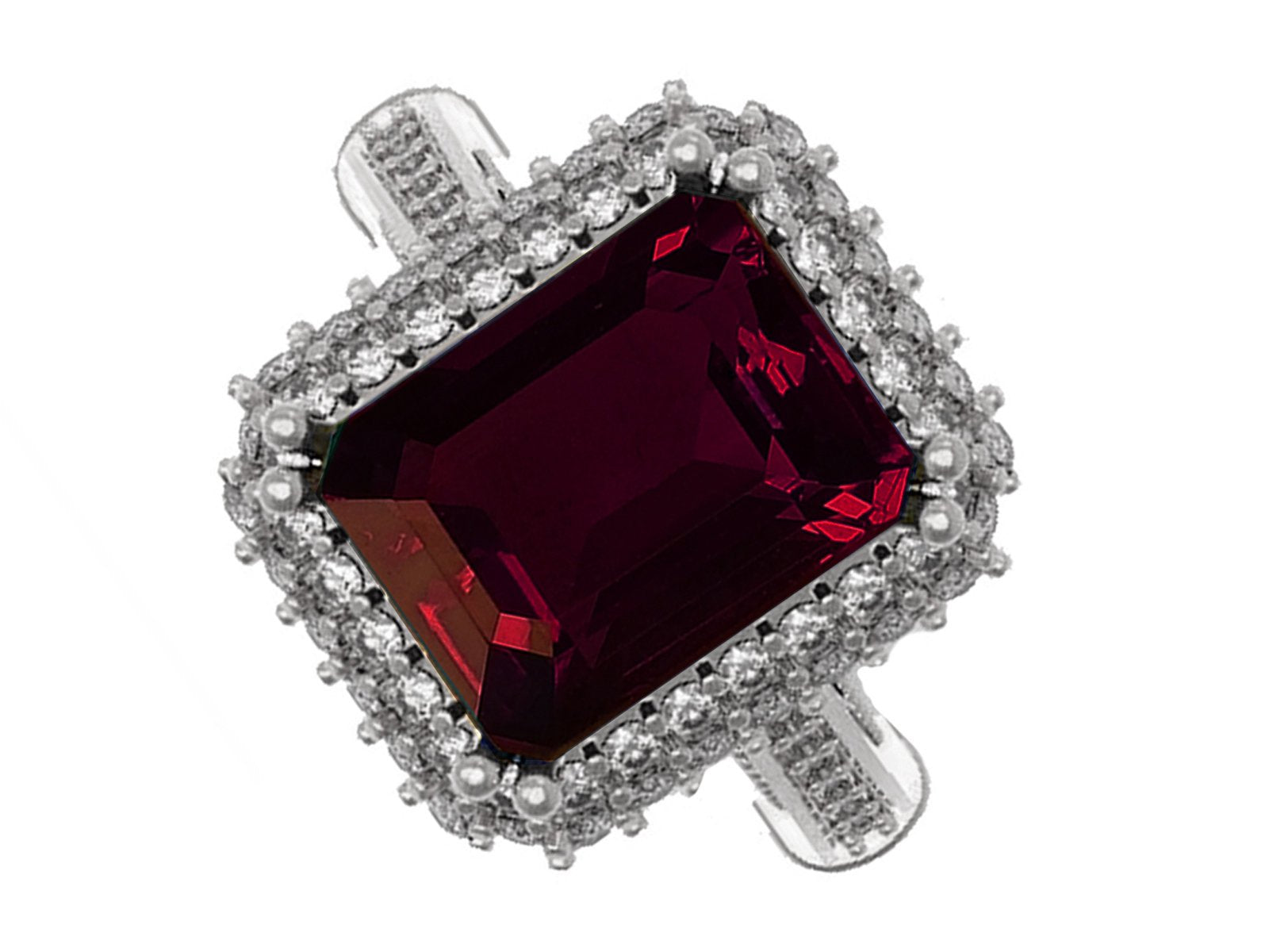 18K White Gold Red Emerald cut Lab Tourmaline, Unique Engagement Ring surrounded with 76 Diamonds