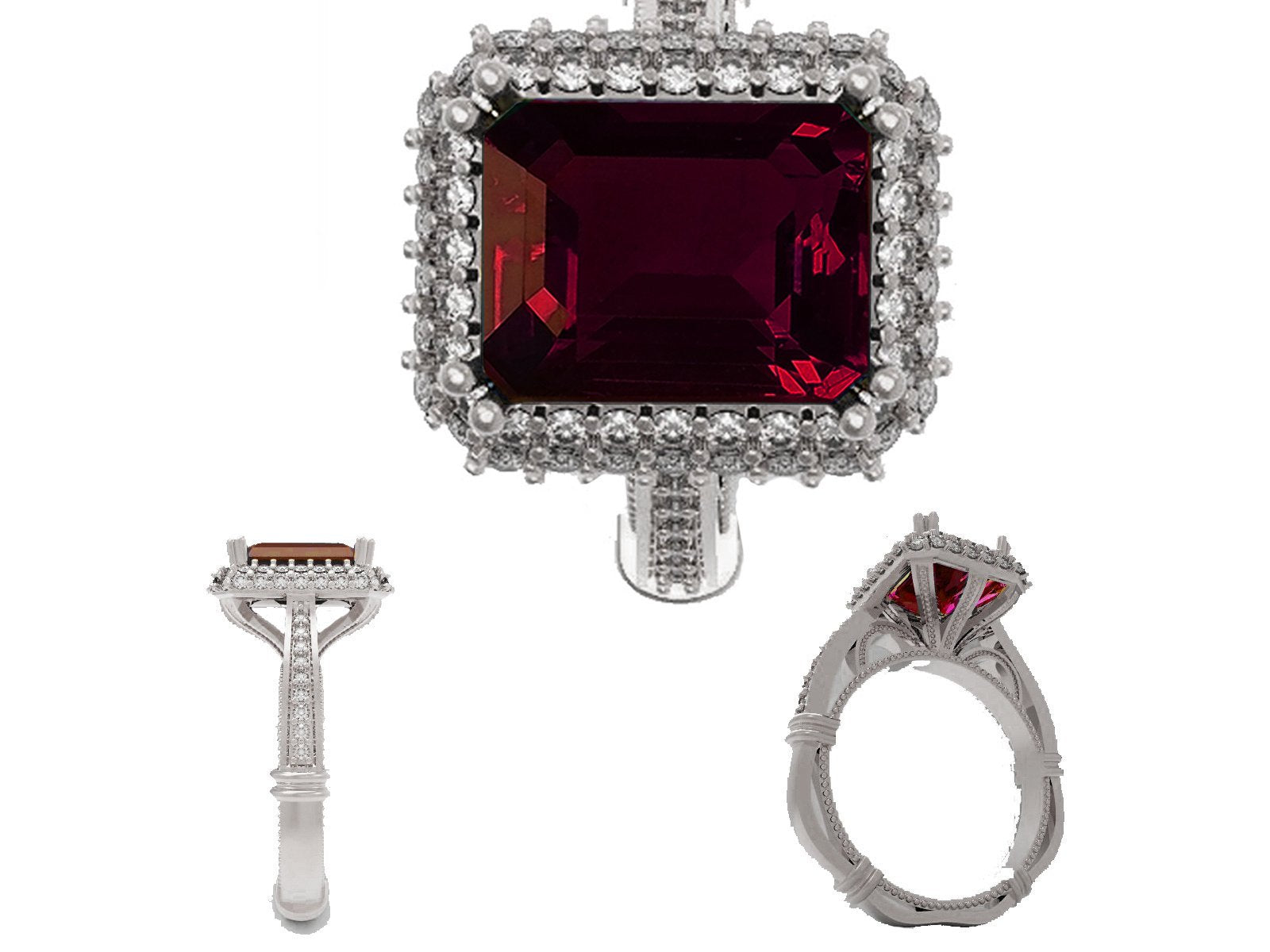 18K White Gold Red Emerald cut Lab Tourmaline, Unique Engagement Ring surrounded with 76 Diamonds