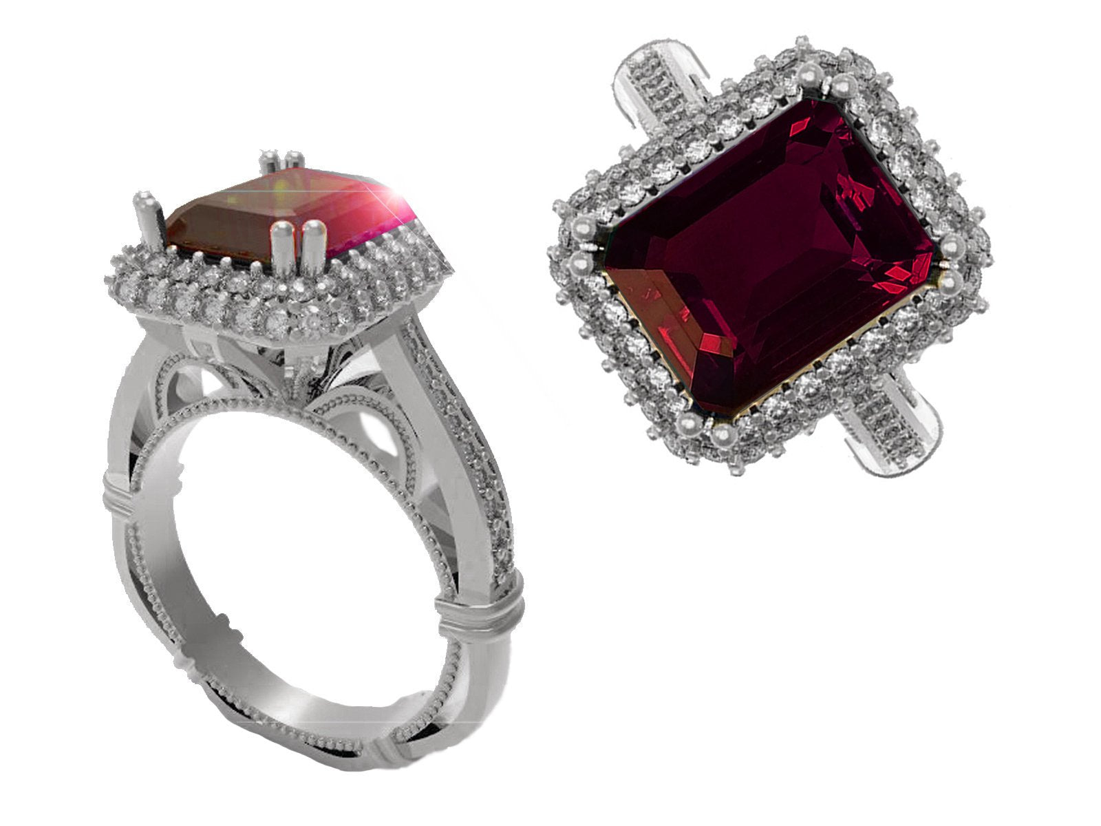 18K White Gold Red Emerald cut Lab Tourmaline, Unique Engagement Ring surrounded with 76 Diamonds