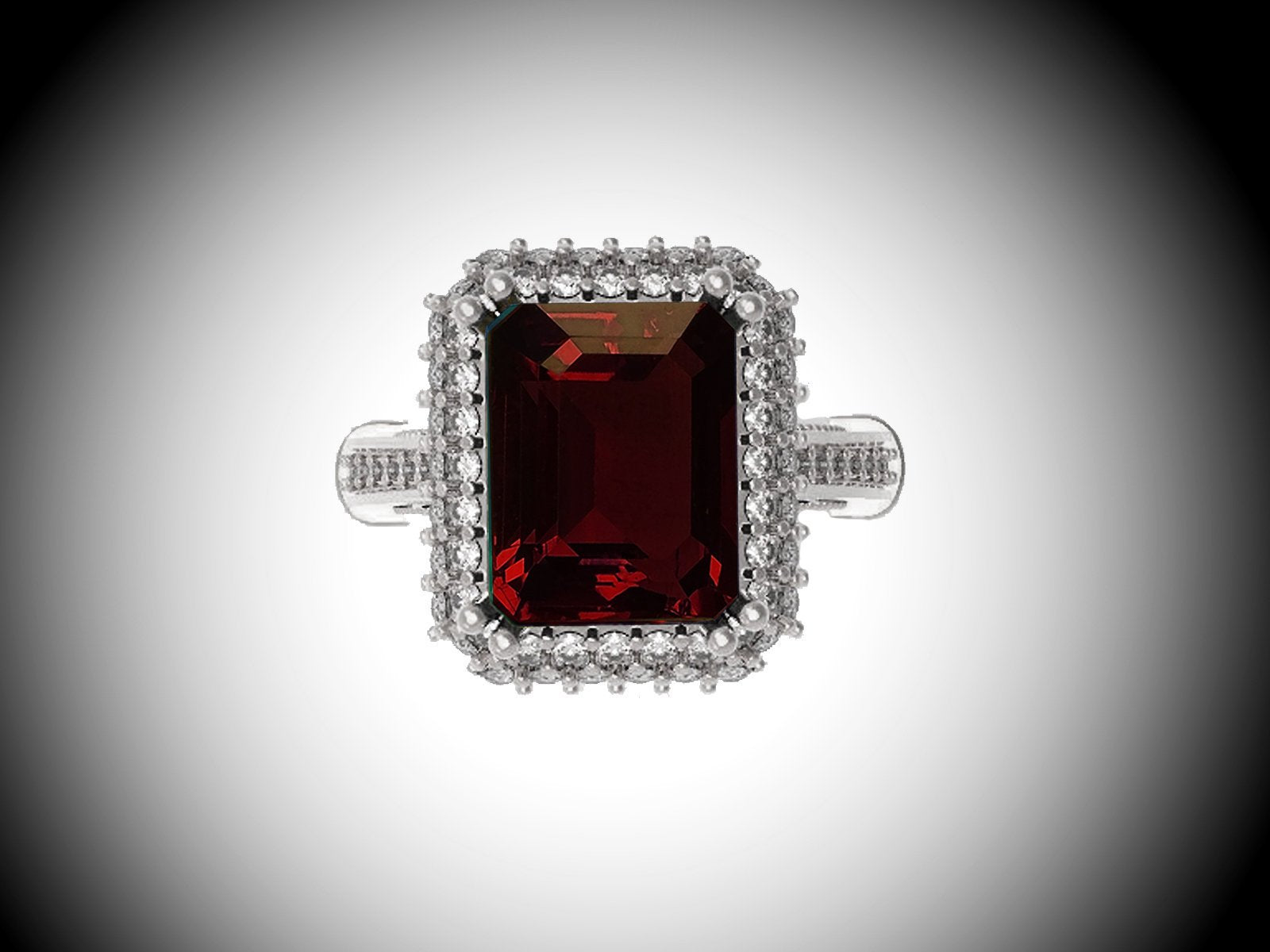 18K White Gold Red Emerald cut Lab Tourmaline, Unique Engagement Ring surrounded with 76 Diamonds - Lianne Jewelry