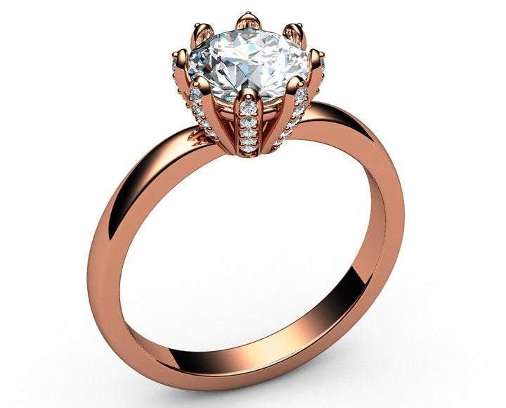 14K Solitaire Moissanite Ring, Unique Solitaire Engagement Ring, 8 prongs, Diamonds on Prongs, Wedding Ring, Ring for Bride